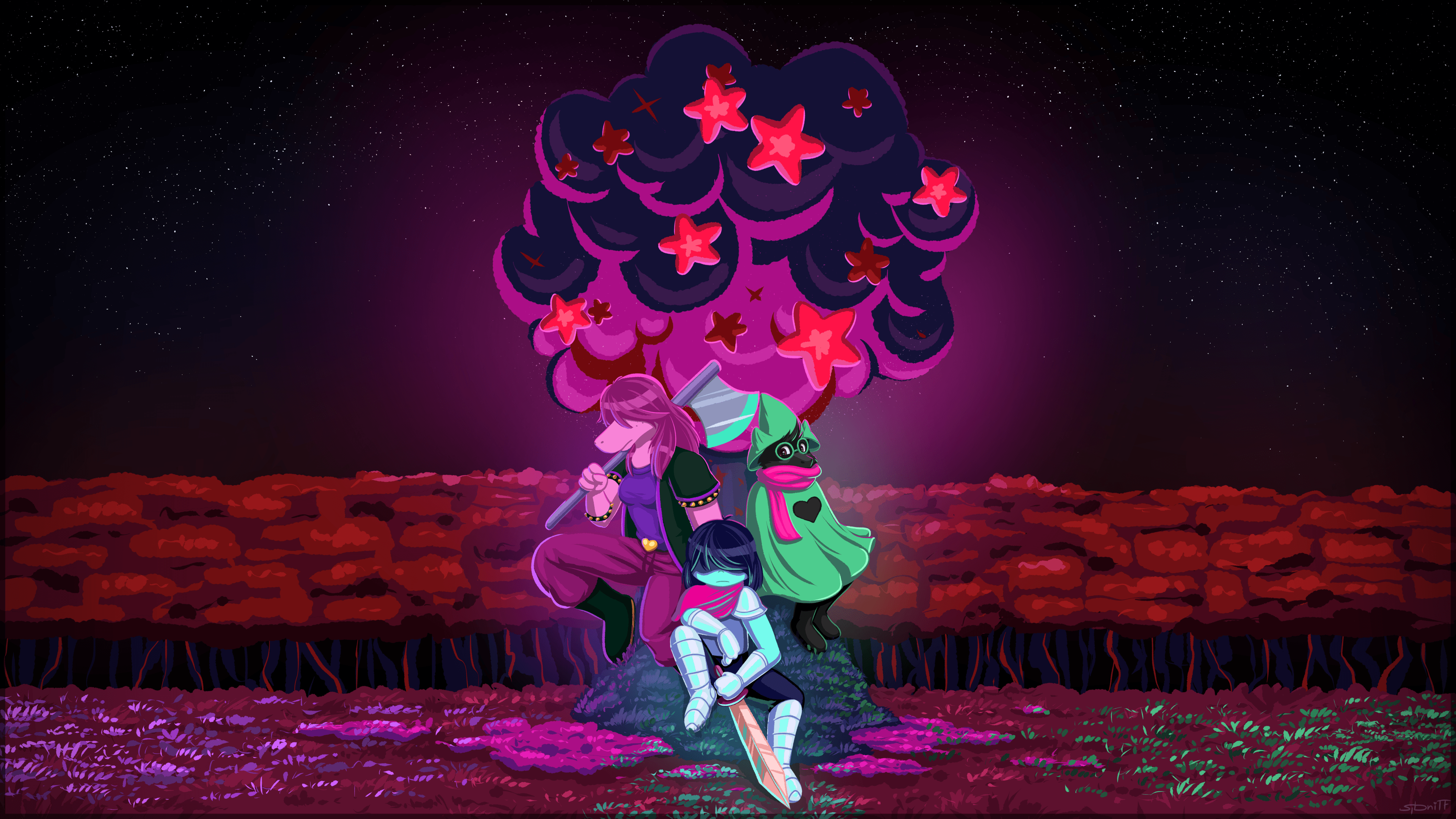 Personaggi Deltarune con fiori rossi, 3840x2160 Ultra HD, Monitor 4K
