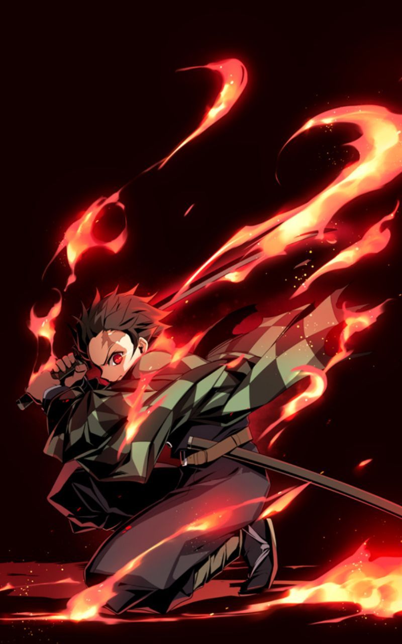 Tanjiro Kamado con fiamme, Demon Slayer, 800x1280 Verticale, Telefono