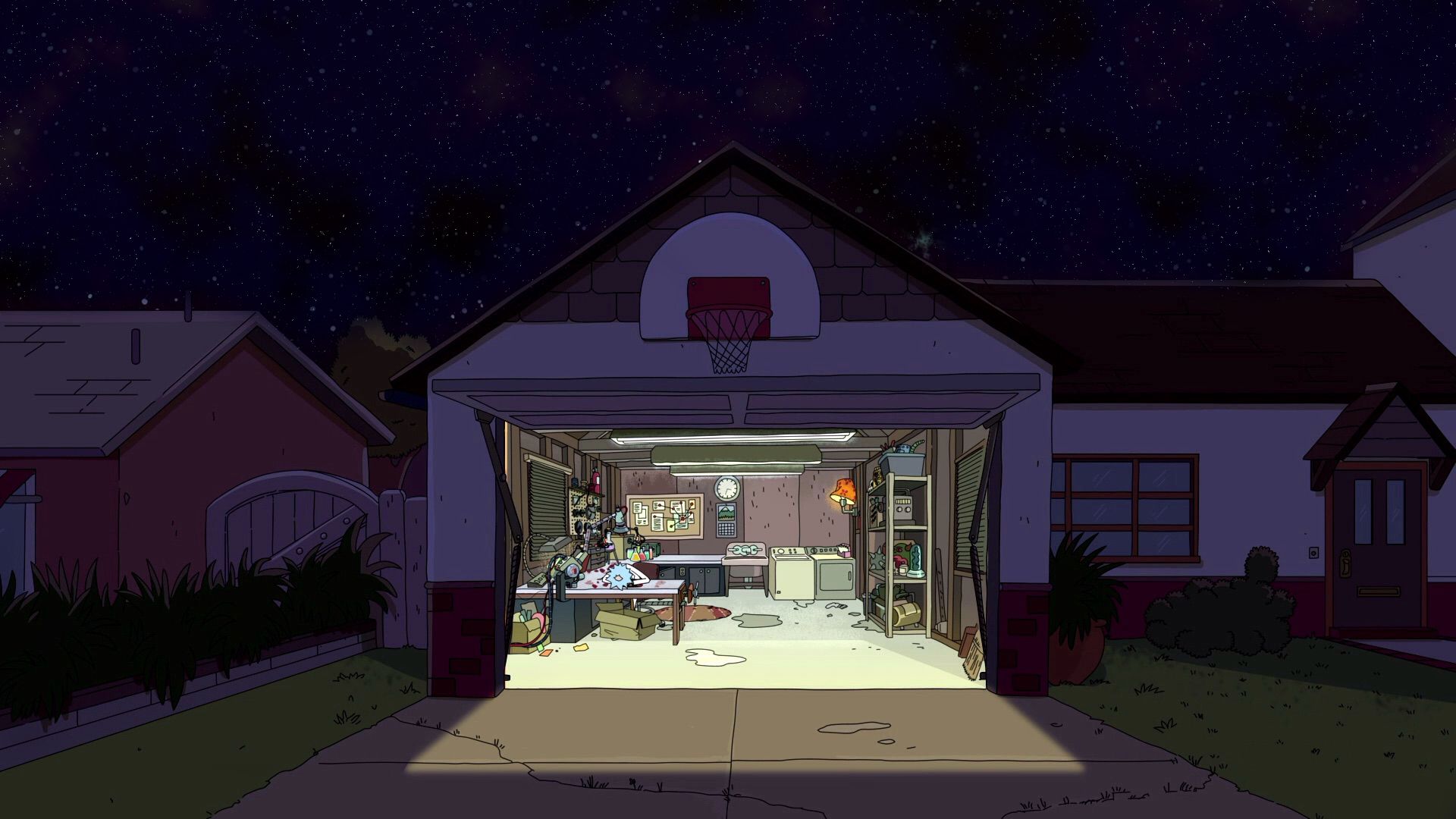 Garage Rick and Morty notturno, 1920x1080 Full HD, PC Desktop