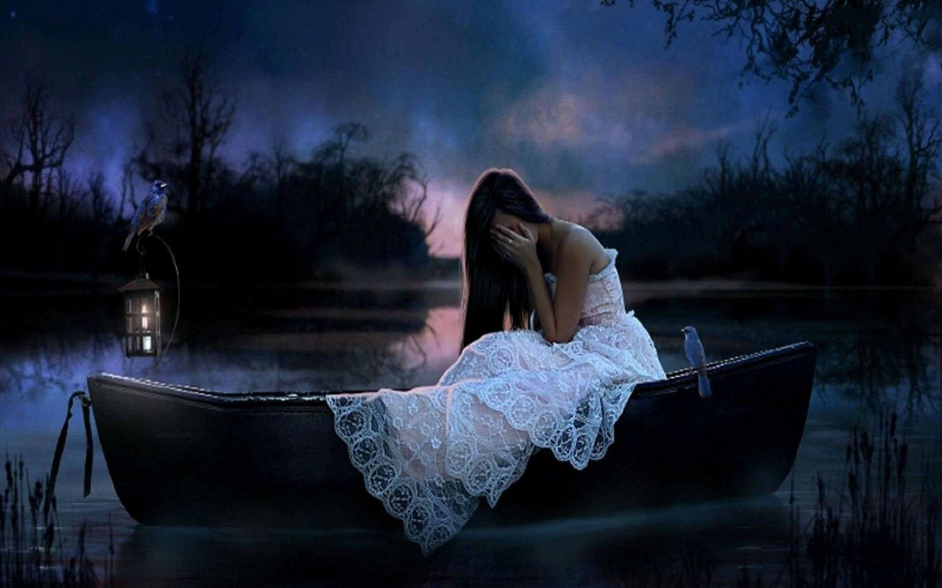 Donna triste in barca notturna, 1920x1200 WUXGA, Desktop