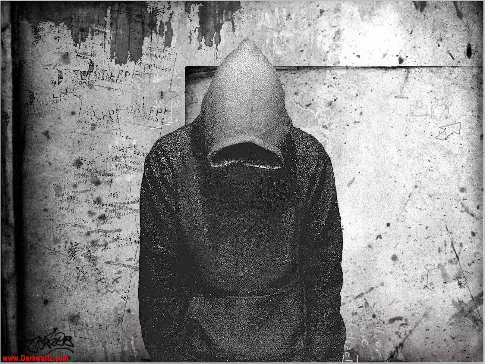 Figura incappucciata, muro grunge bianco e nero, 1609x1209 900p, Desktop
