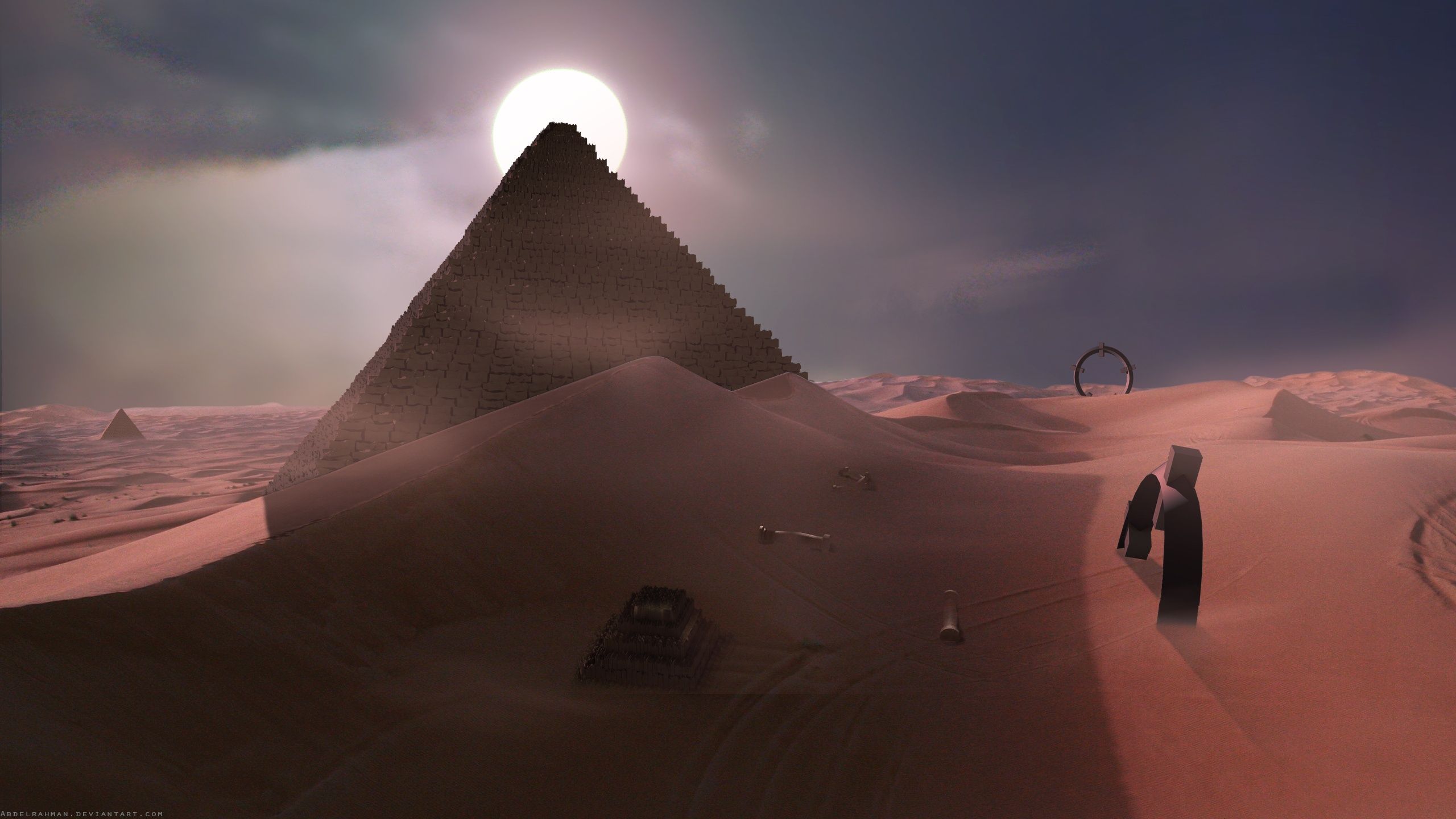 Piramide deserto notte luna, 2560x1440 2K, Desktop