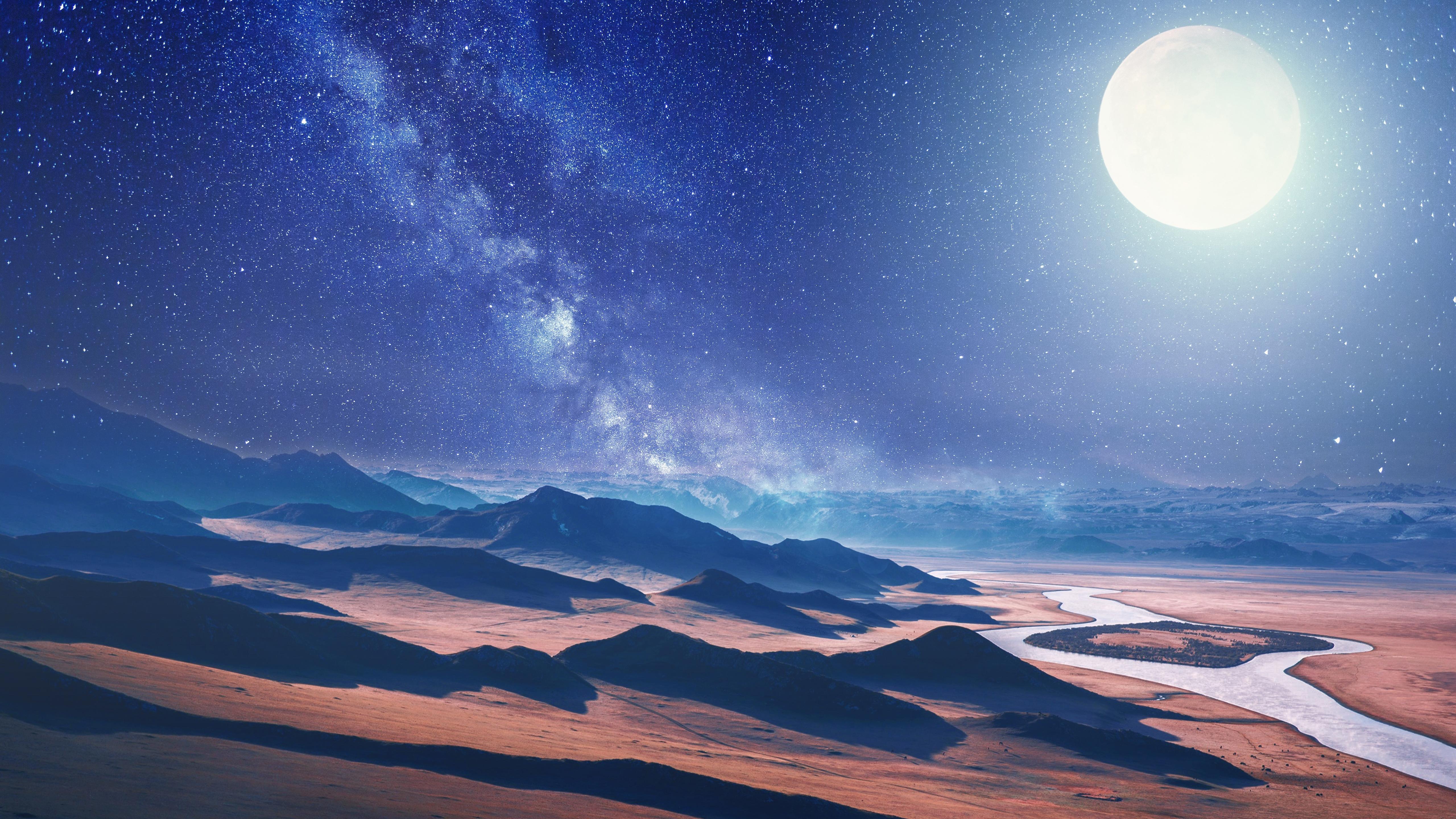 Deserto notturno con luna, 5120x2880 Ultra HD, 4K TV