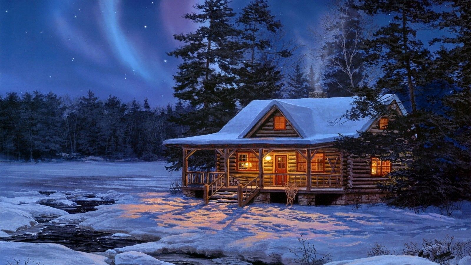 Baita di legno innevata notte, 1600x900 HD Ready, PC Desktop