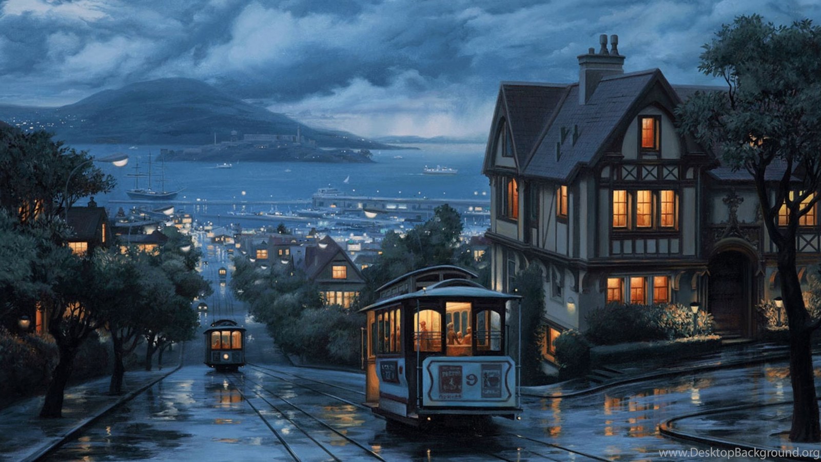 San Francisco tram serale piovoso, 1600x900 900p, Desktop