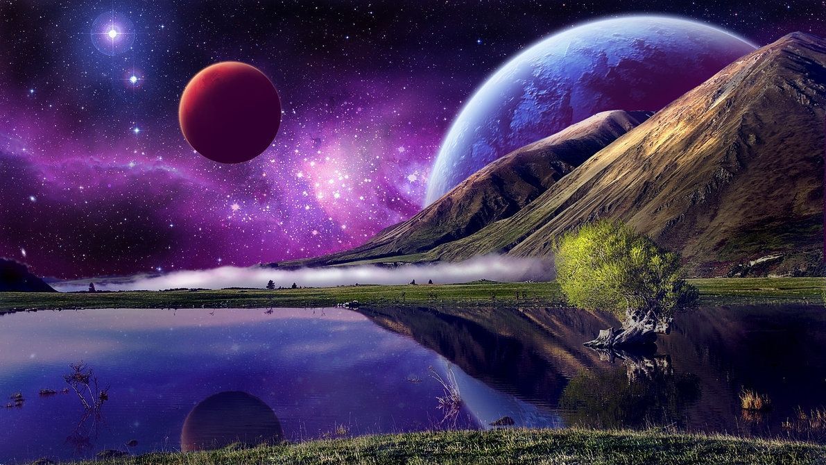 Paesaggio spaziale con pianeti e lago, sfondi per Desktop, 1191x670 HD, Monitor Gaming