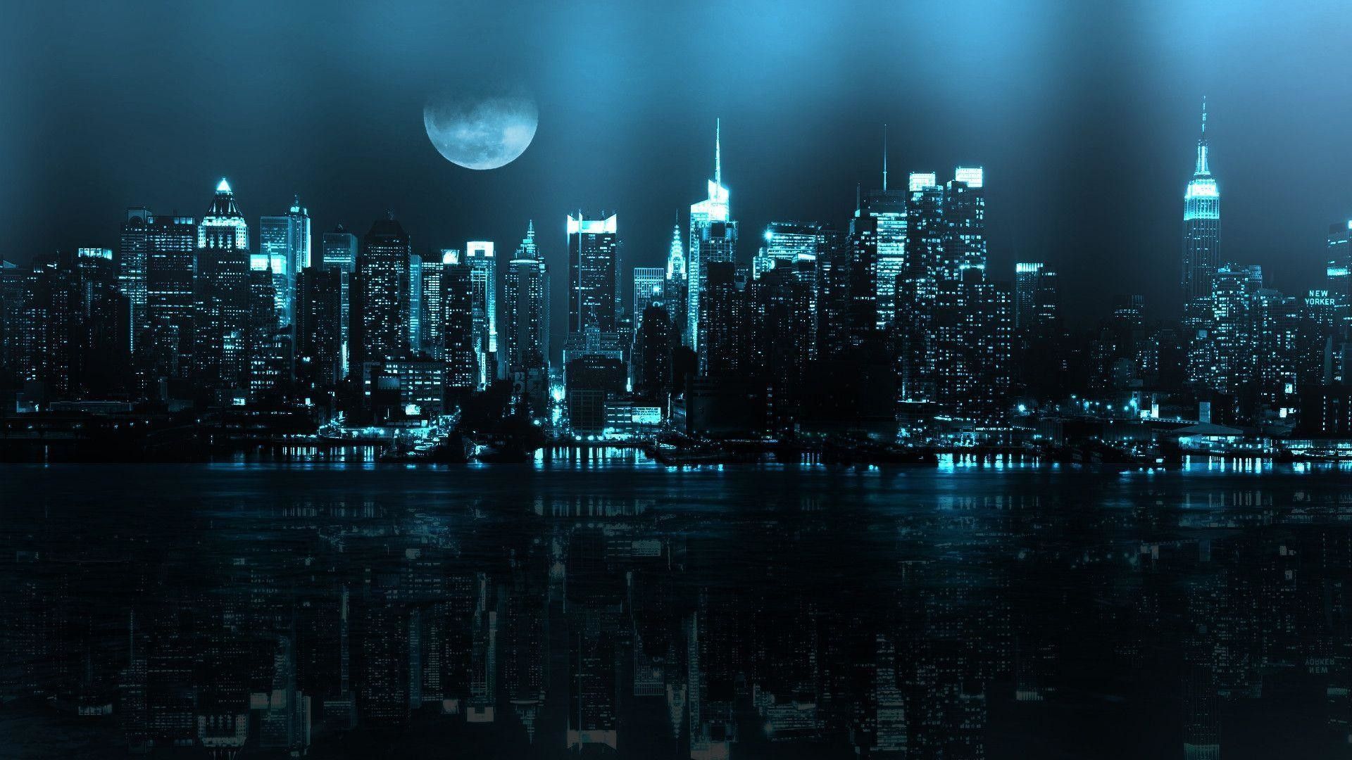 Skyline notturno città con luna, sfondi per Desktop, 1920x1080 Full HD, Monitor Gaming