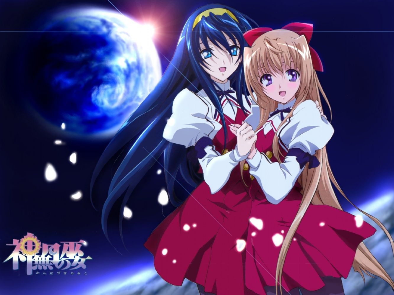 Due miko anime, pianeta, 1333x1000 720p, Laptop