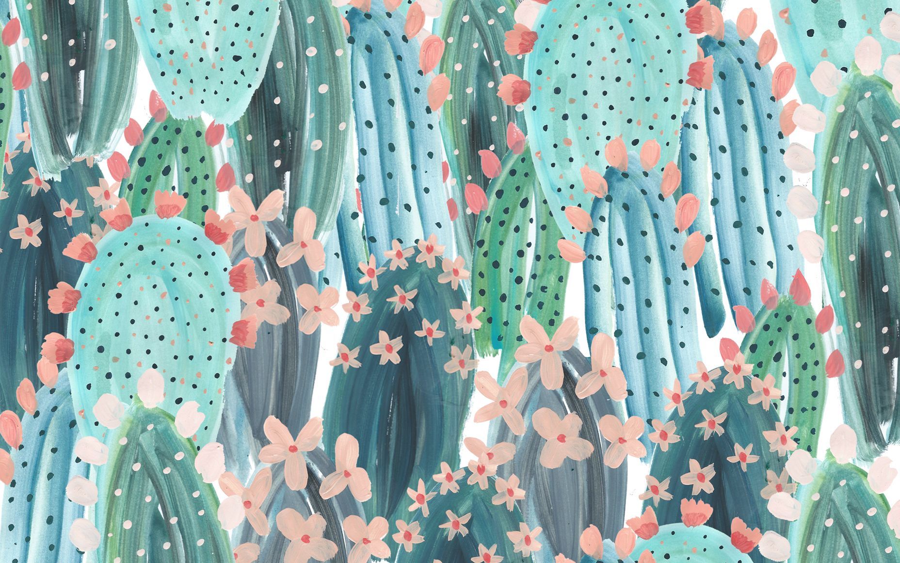 Cactus illustrati verde acqua e fiori rosa, 1856x1161 HD, Desktop