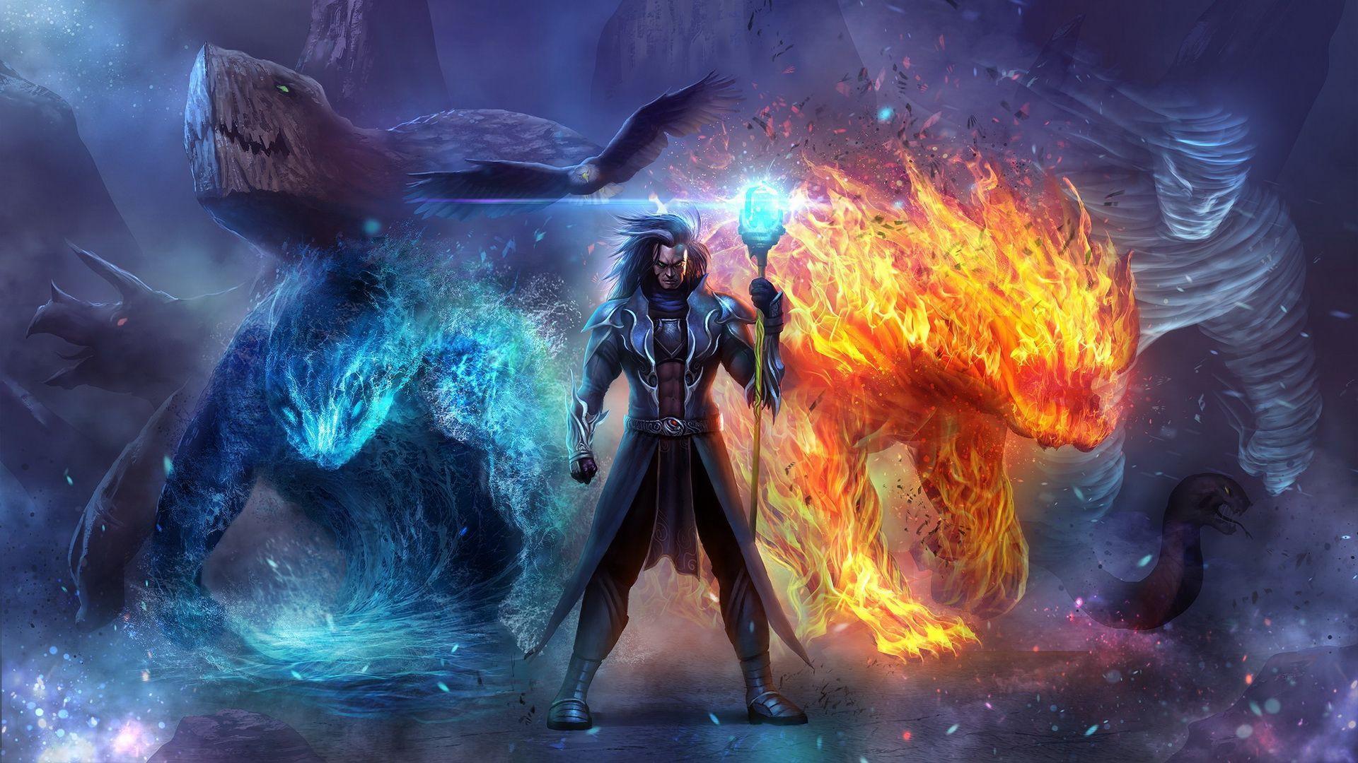Mago con creature ghiaccio e fuoco, 1920x1080 Full HD, Monitor Gaming