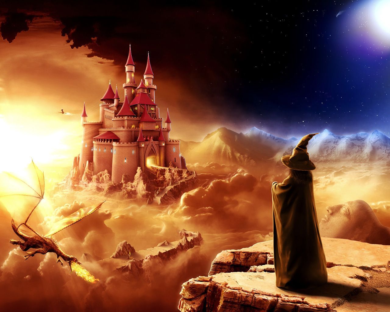 Mago castello drago fantasy, 1280x1024 HD, Desktop