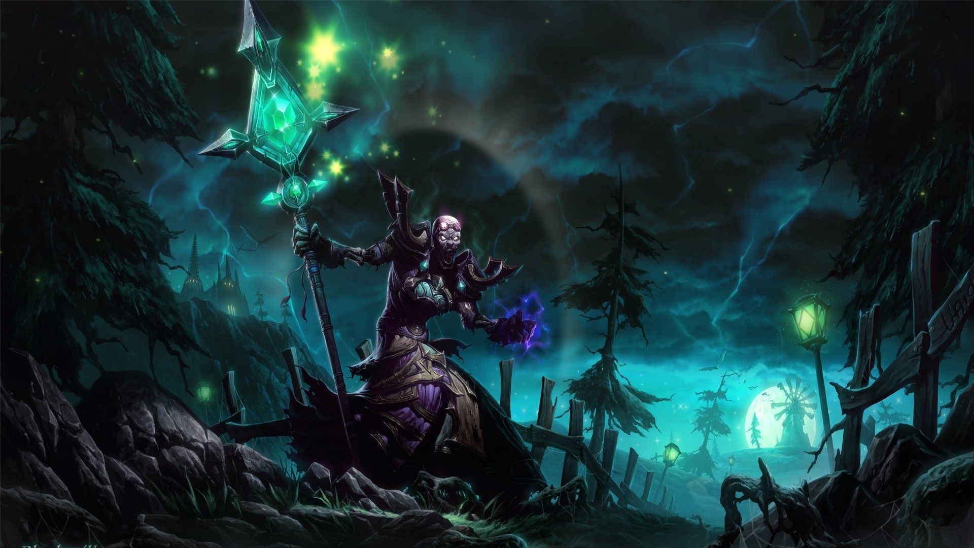 Mago con magia verde, foresta notturna, 1920x1080 Full HD 1080p, PC Desktop