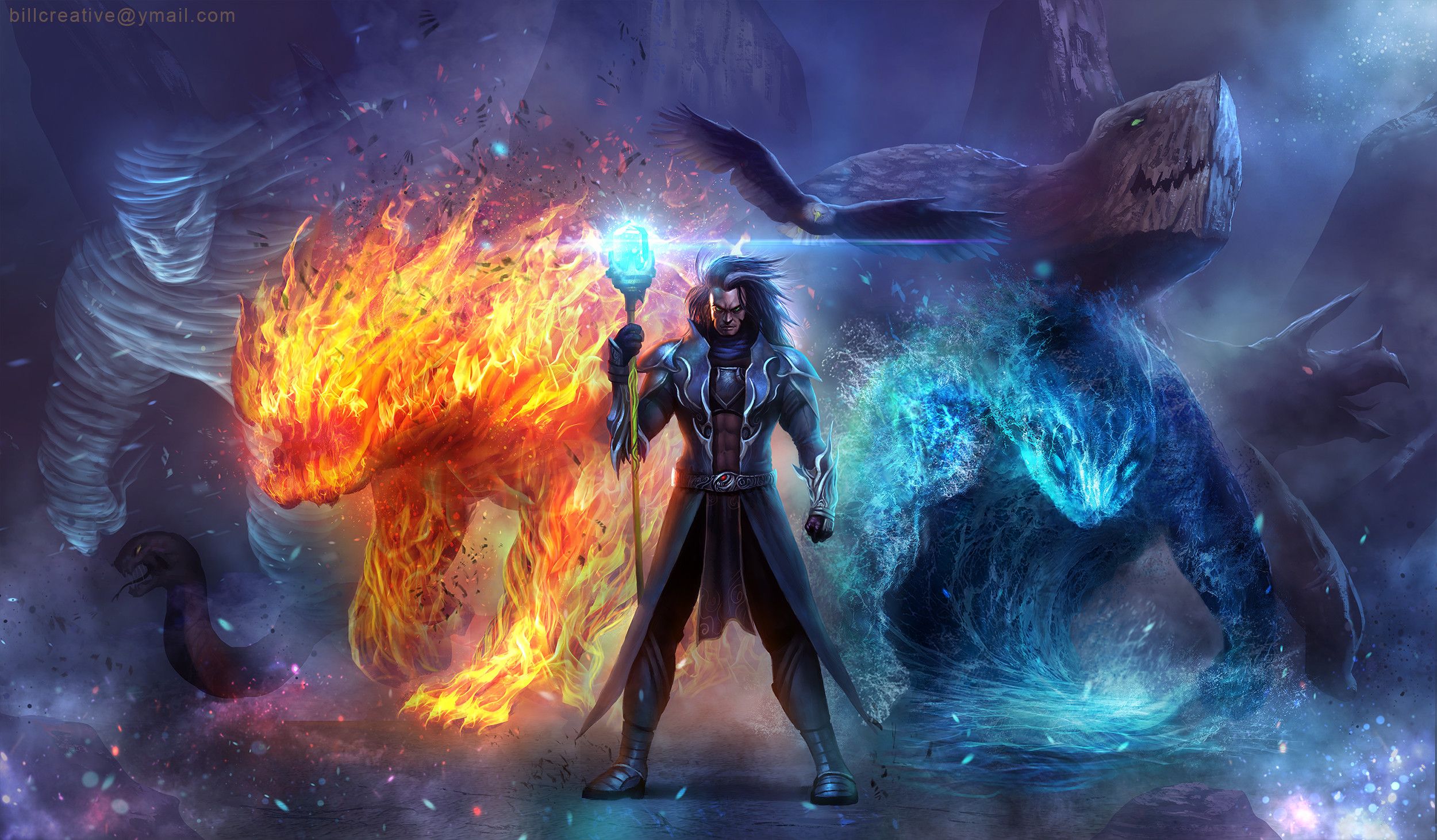 Mago con creature fuoco e ghiaccio, 2500x1462 alta risoluzione, PC