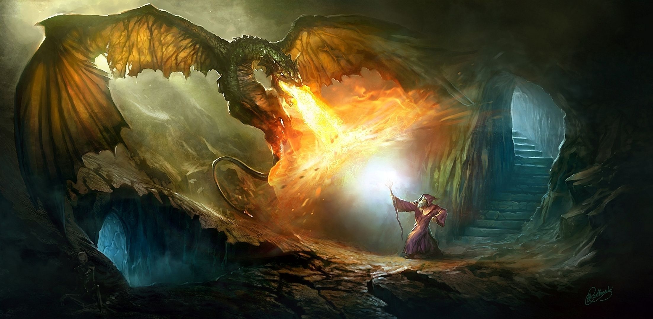 Mago contro drago sputafuoco, 2206x1080 alta risoluzione, Monitor Gaming