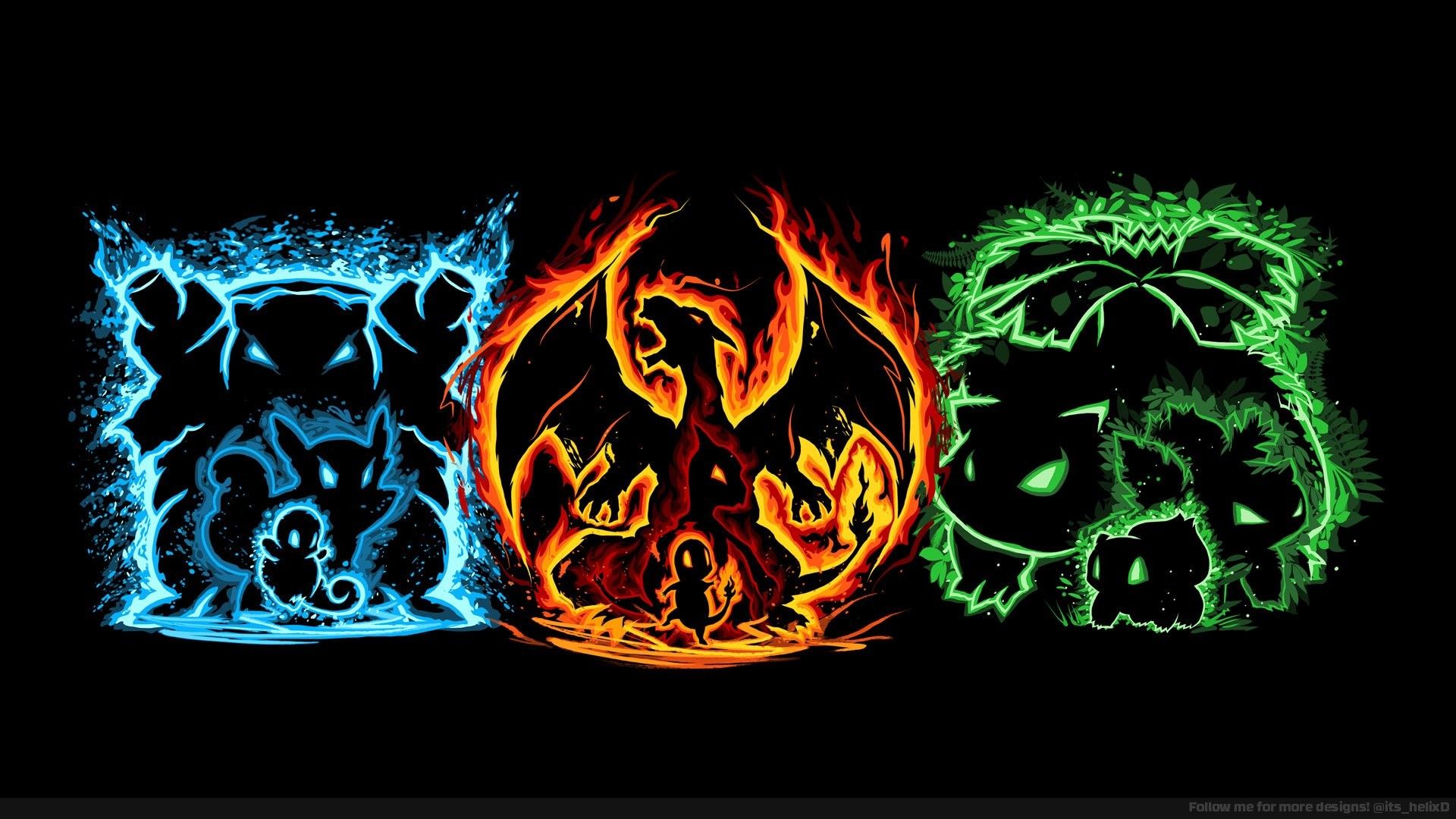 Silhouette starter Pokémon elementali, 1920x1080 Full HD 1080p, Desktop