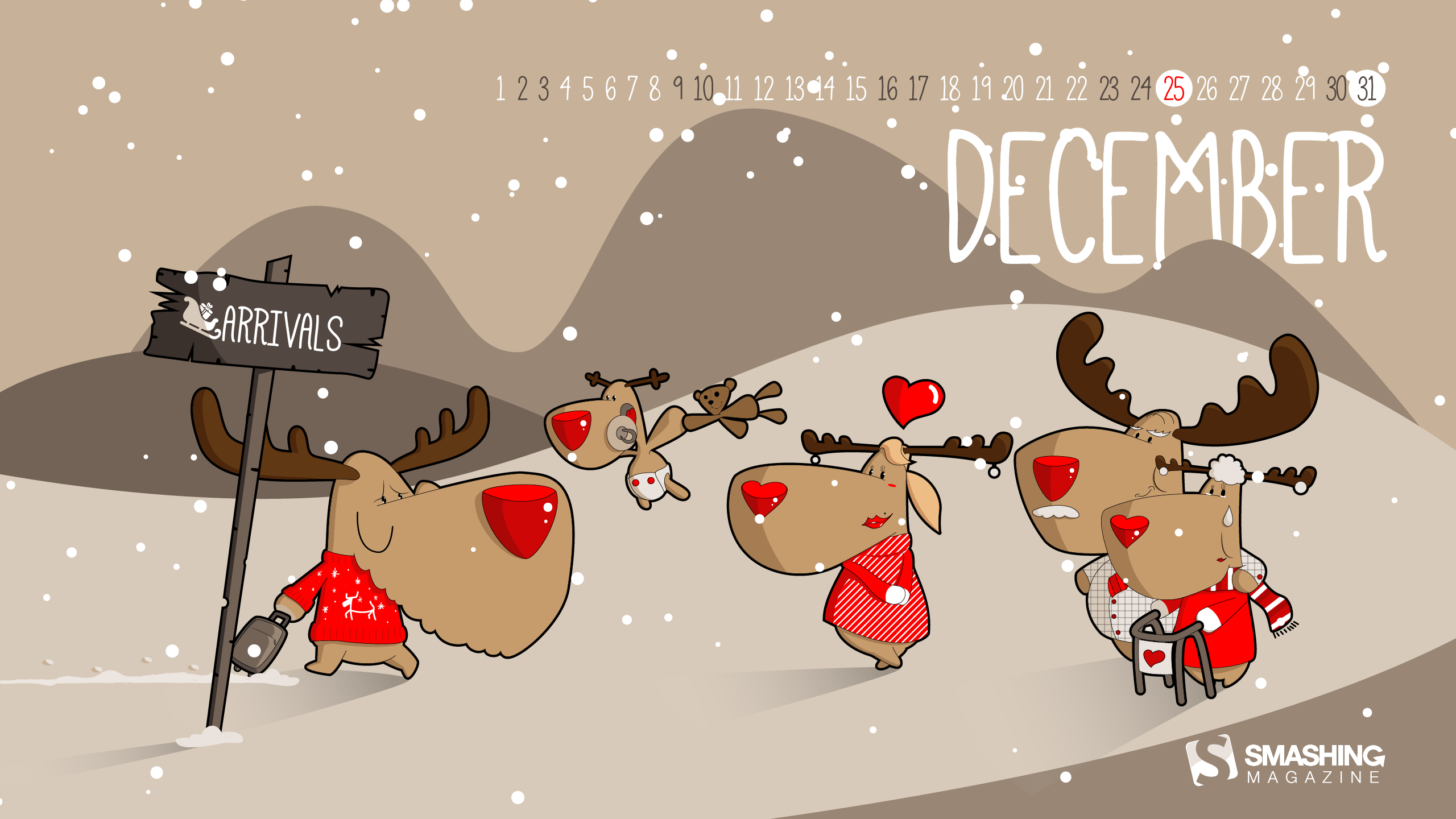 Renne cartoon con calendario dicembre, 2560x1440 2K, Desktop