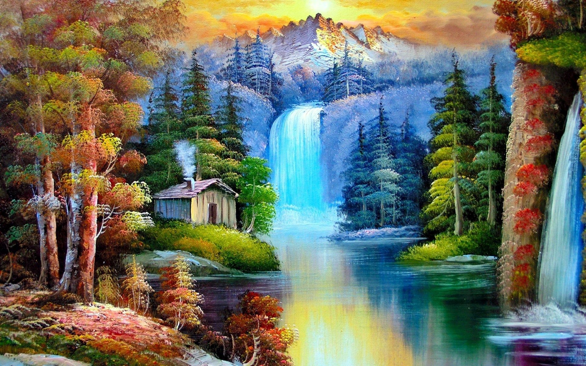 dipinto cascata casetta montagna, 1920x1200 Full HD+, Desktop