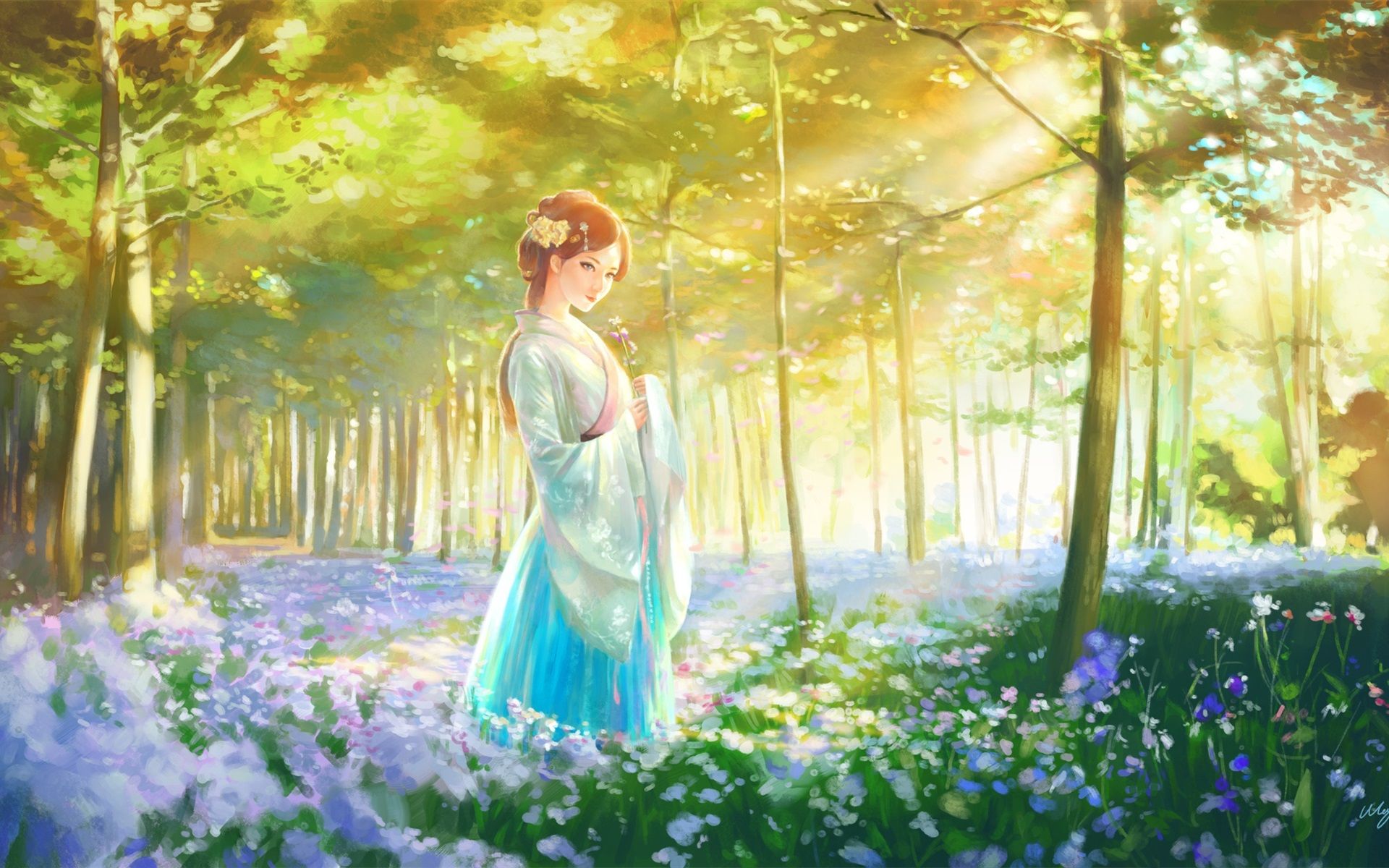 donna abito azzurro fiori bosco, 1920x1200 Full HD+, Desktop