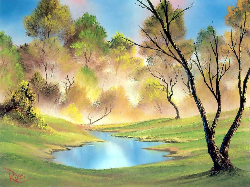 prato stagno alberi Bob Ross, 1024x768 HD, Desktop