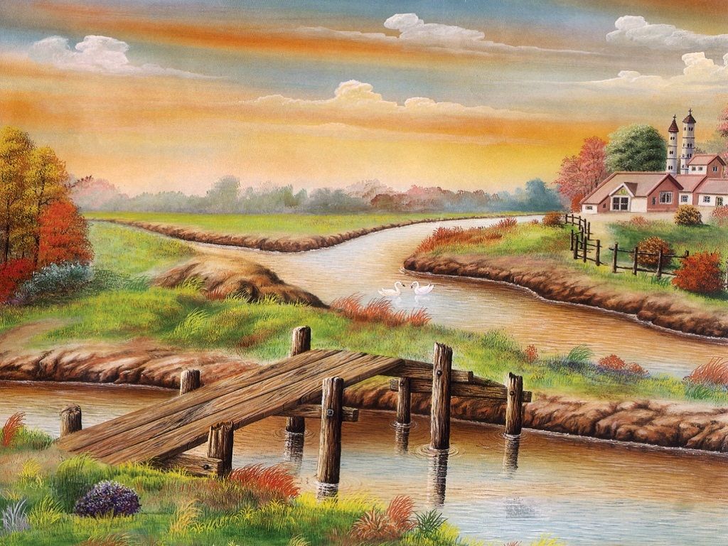 paesaggio fluviale ponte tramonto, 1024x768 HD, PC