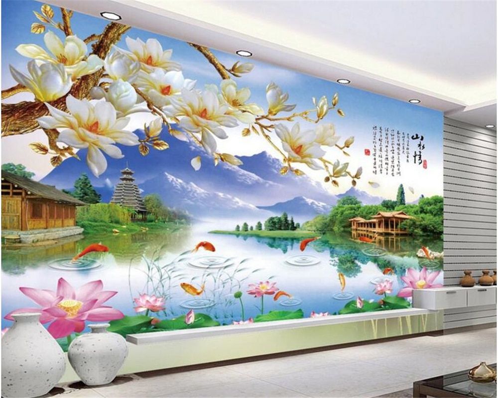 magnolie lago loto murale cinese, 1000x800 HD, Desktop