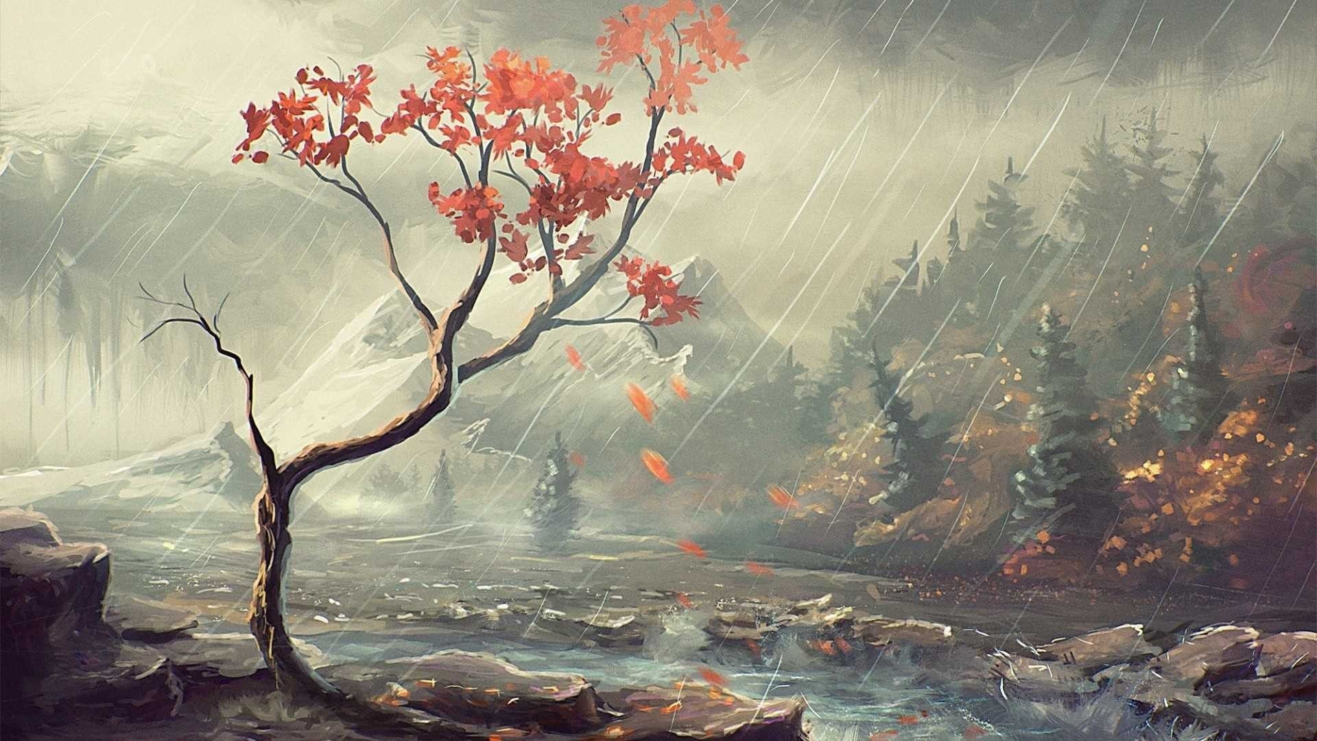 albero fiori rossi pioggia montagne, 1920x1080 Full HD 1080p, Desktop