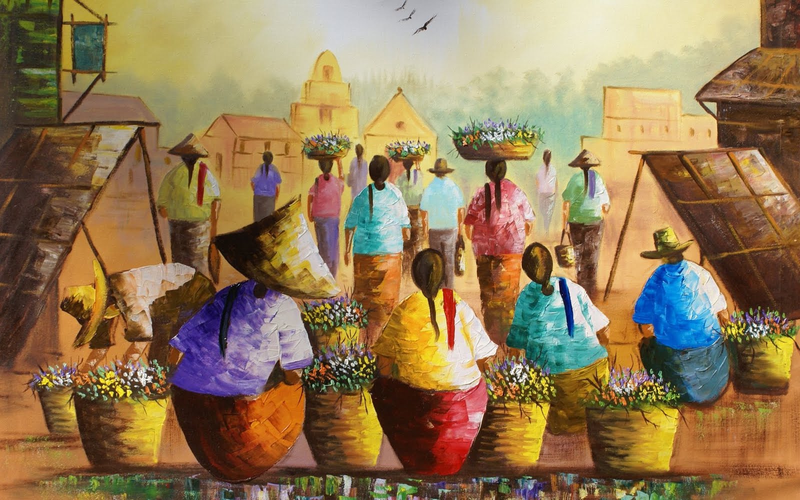 donne ceste fiori mercato villaggio, 1600x1000 HD Ready, PC