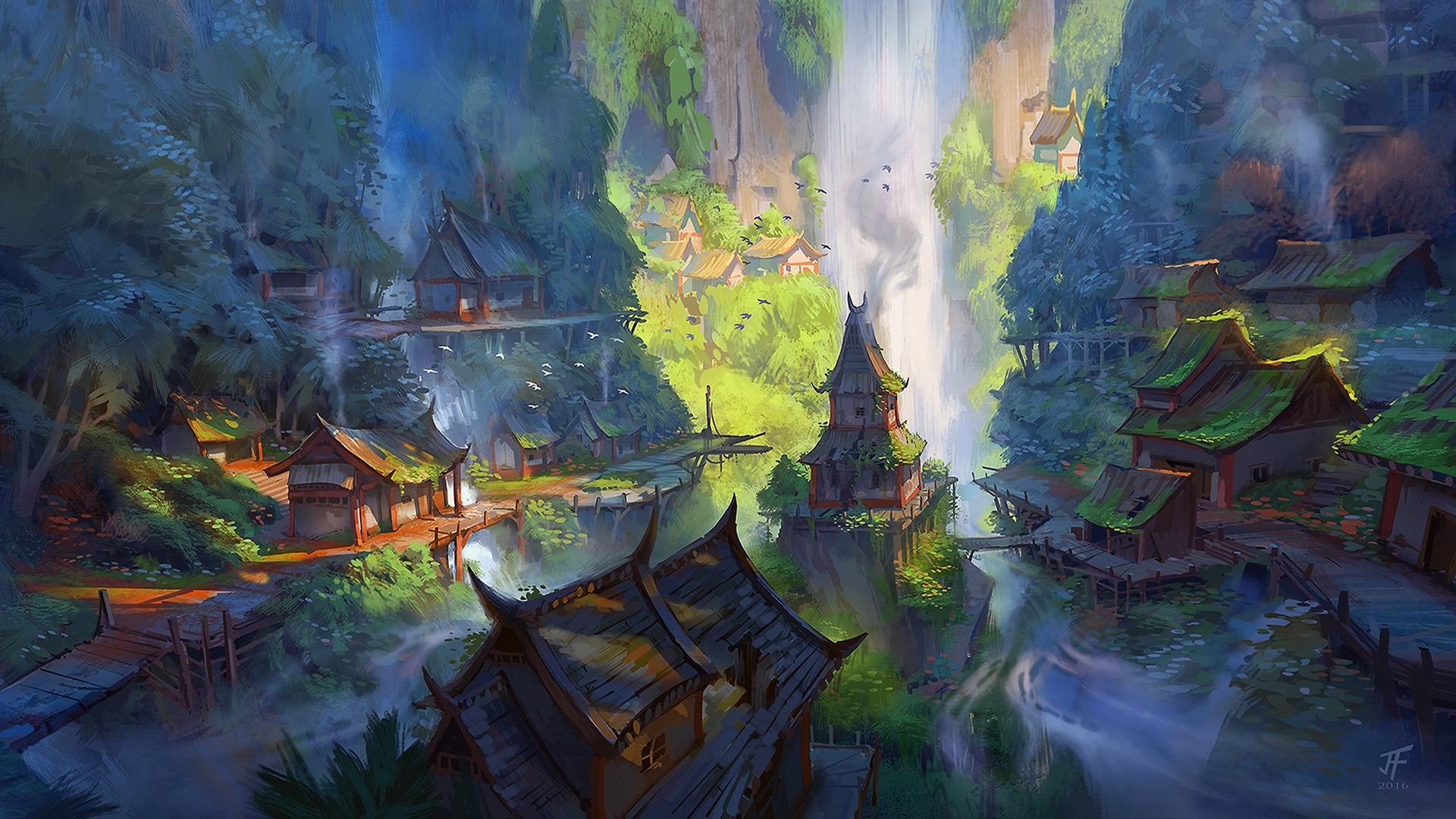 villaggio fantasy cascata foresta, 1920x1080 1080p, Laptop