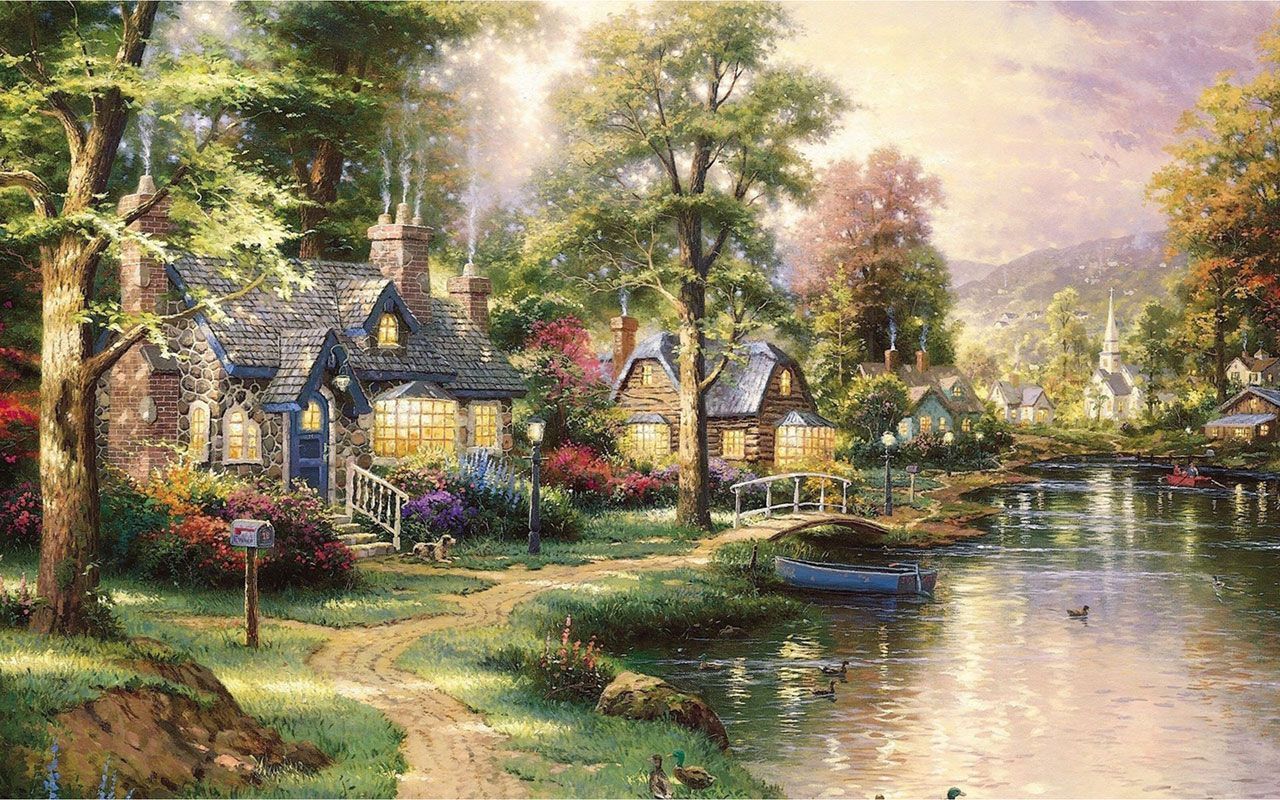 cottage lago Thomas Kinkade, 1280x800 HD, Desktop