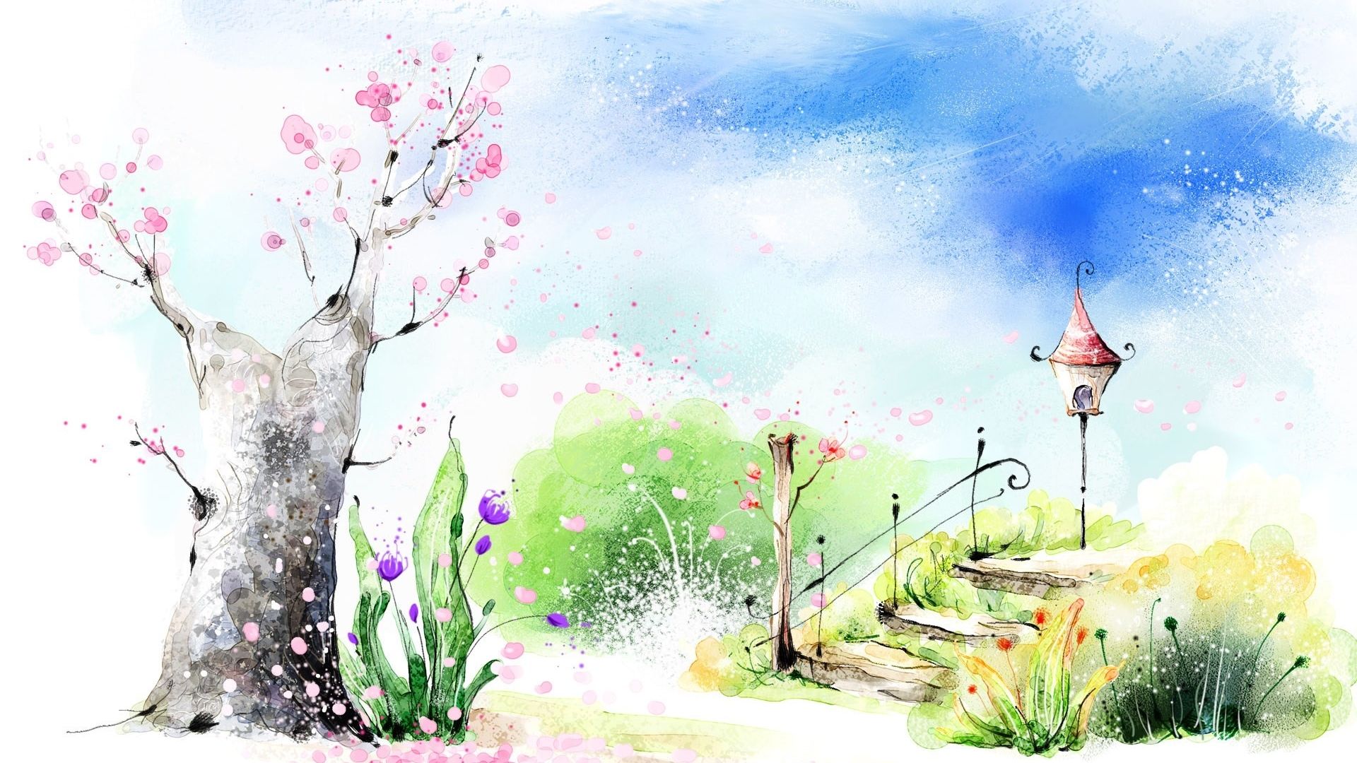 Albero fiorito e scalinata acquerello, 1920x1080 1080p, Laptop