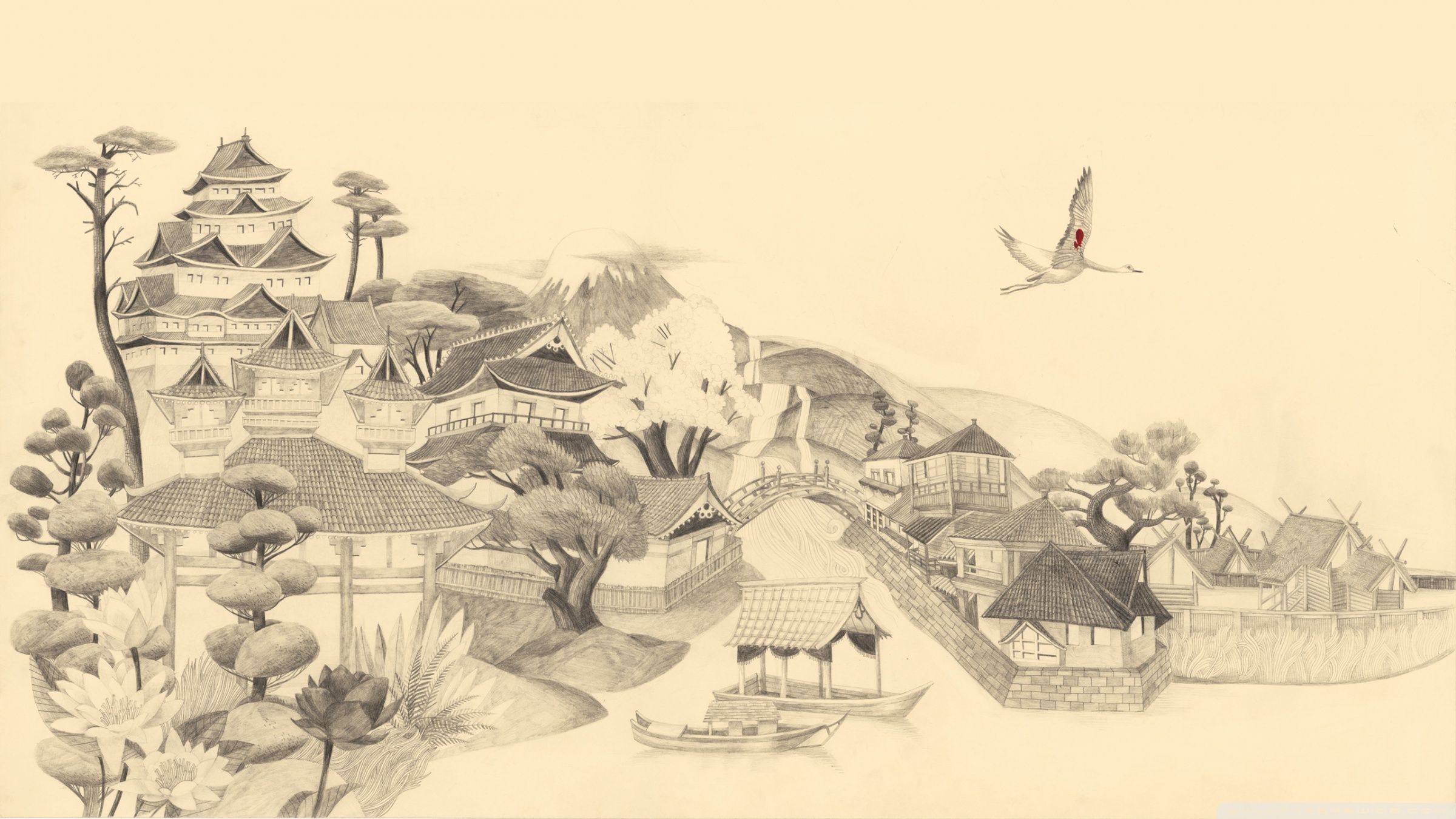 Disegno villaggio giapponese tradizionale, 2400x1350 alta risoluzione, Desktop