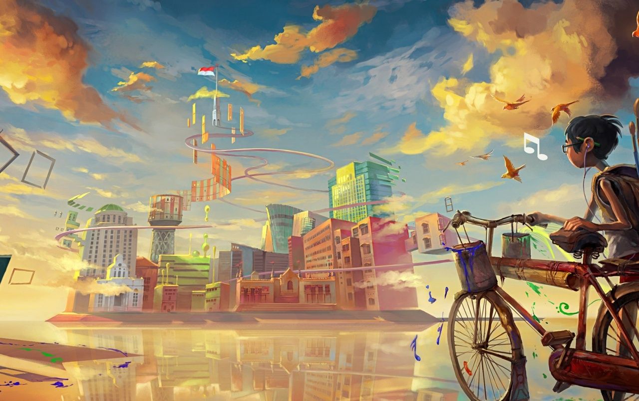 Ragazzo in bicicletta città fantasy, 1280x804 720p, PC