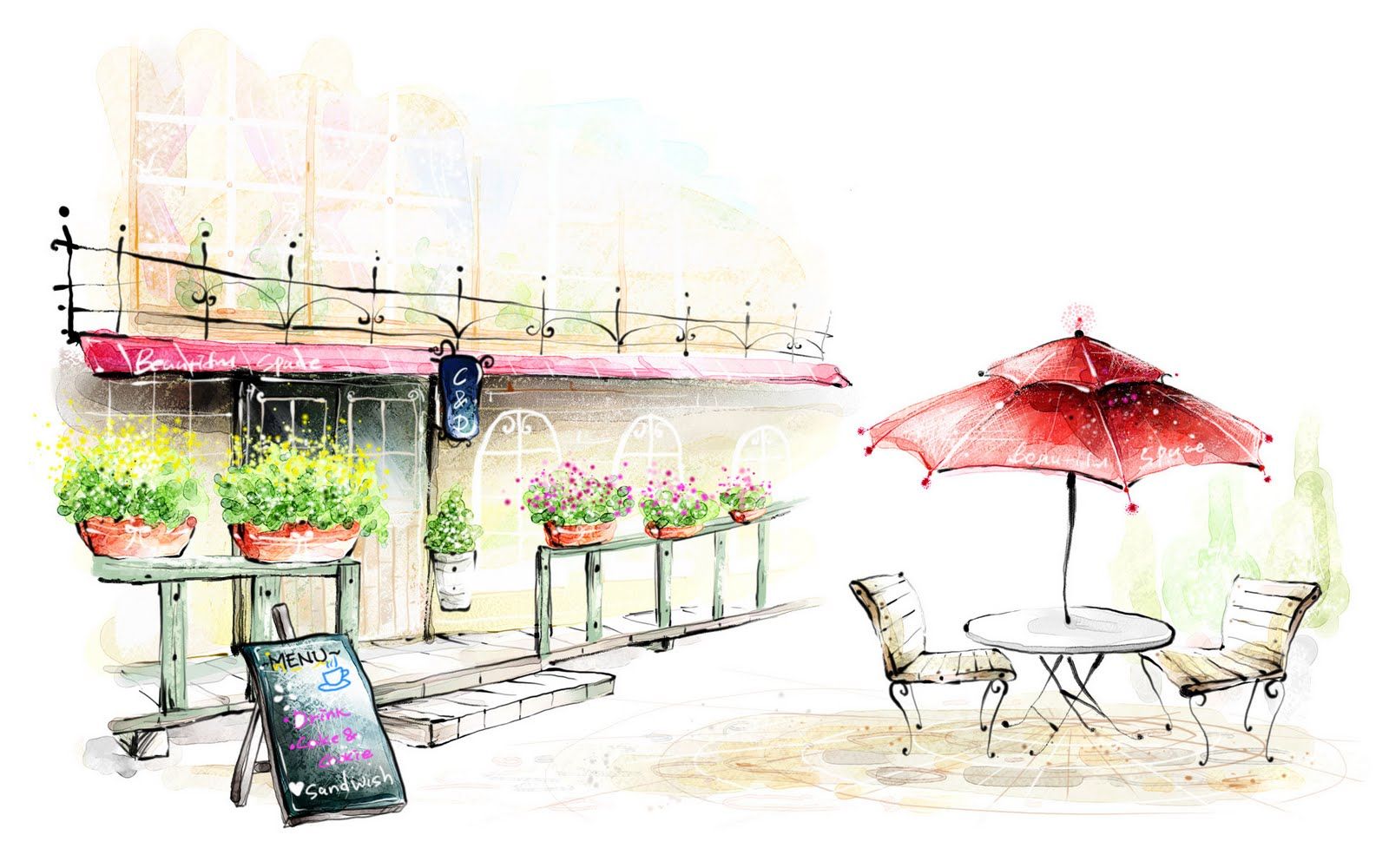 Caffè all'aperto disegno acquarello, 1600x1000 900p, Laptop