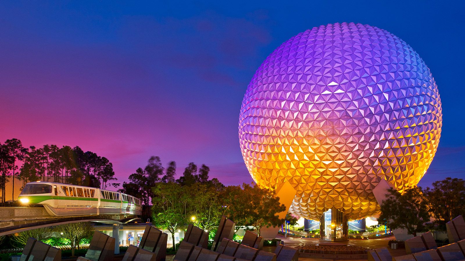 Epcot Spaceship Earth al tramonto, Walt Disney World, 1600x900 HD, Monitor Gaming