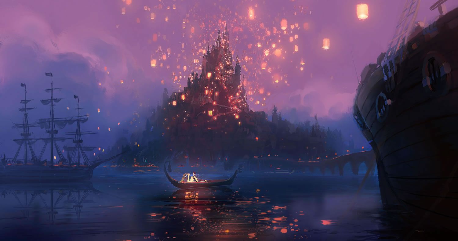 Rapunzel castello lanterne notte, 1500x790 HD, Desktop