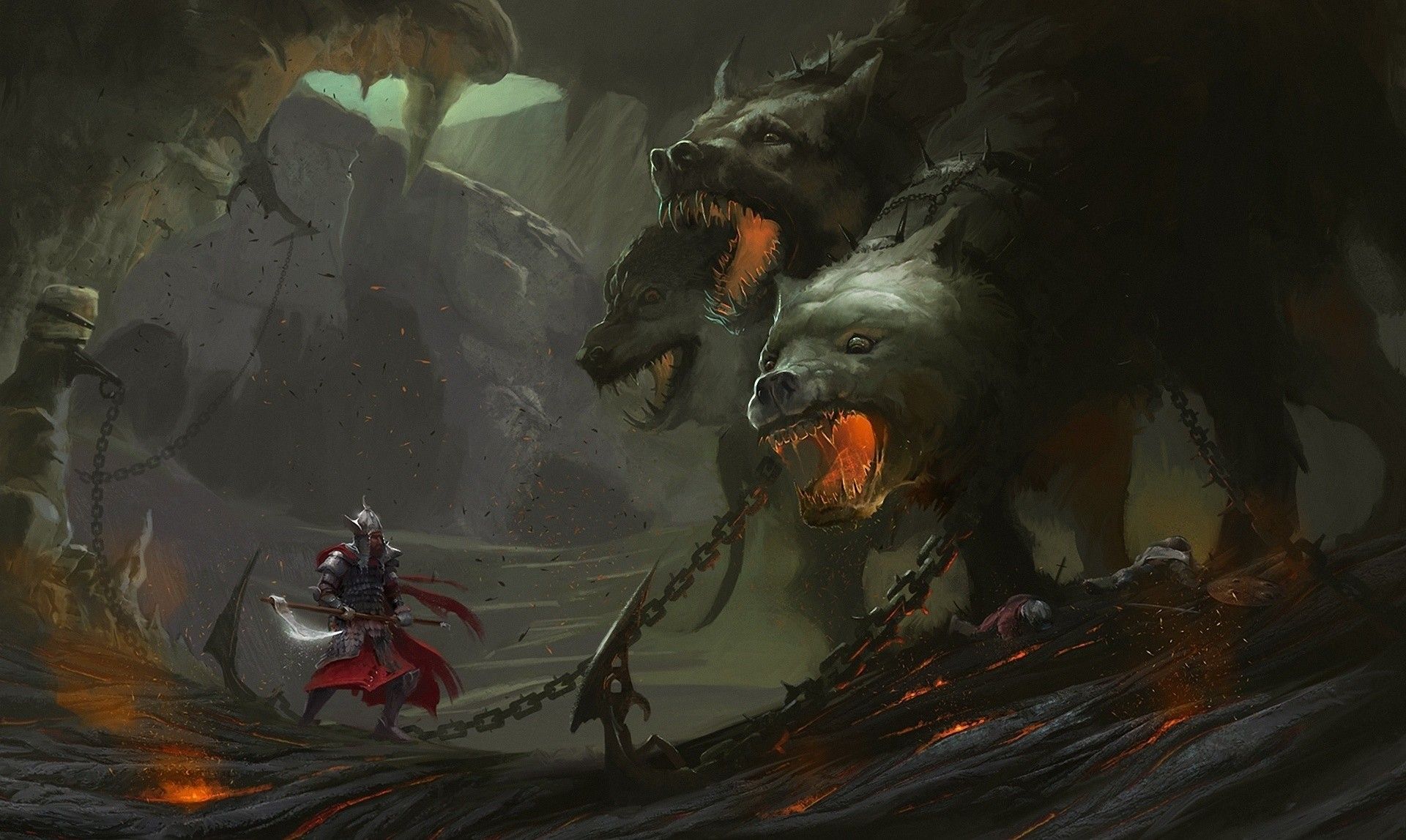Guerriero contro Cerbero infernale, 1920x1148 Full HD 1080p, PC Desktop