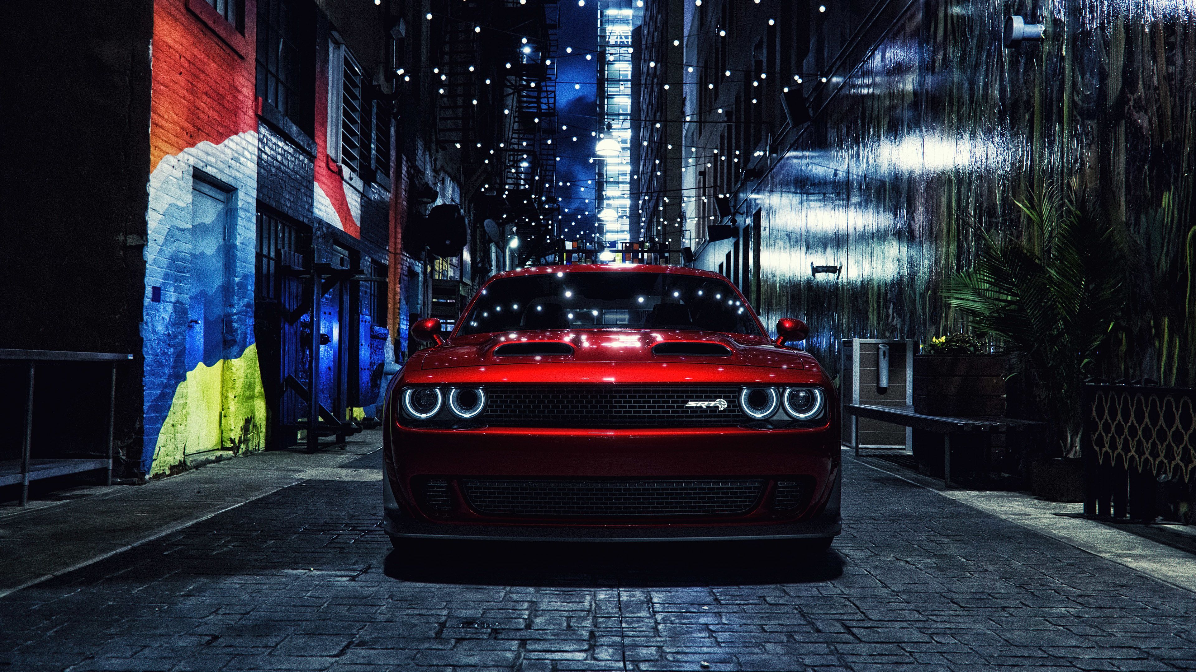 Dodge Challenger rosso vicolo notturno, 3840x2160 4K Ultra HD, Monitor 4K
