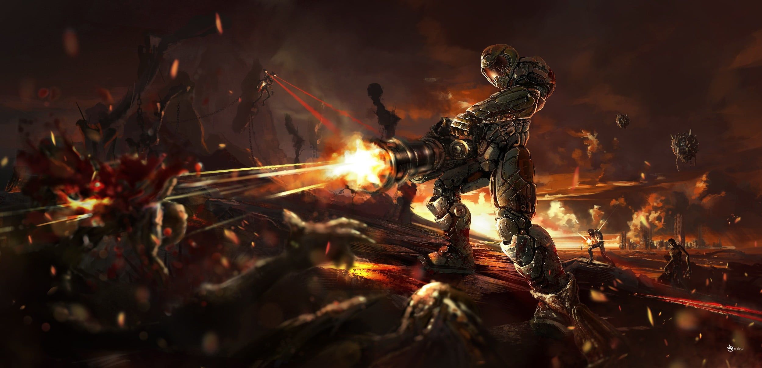 Doom Marine spara demoni, 2500x1209 alta risoluzione, Laptop