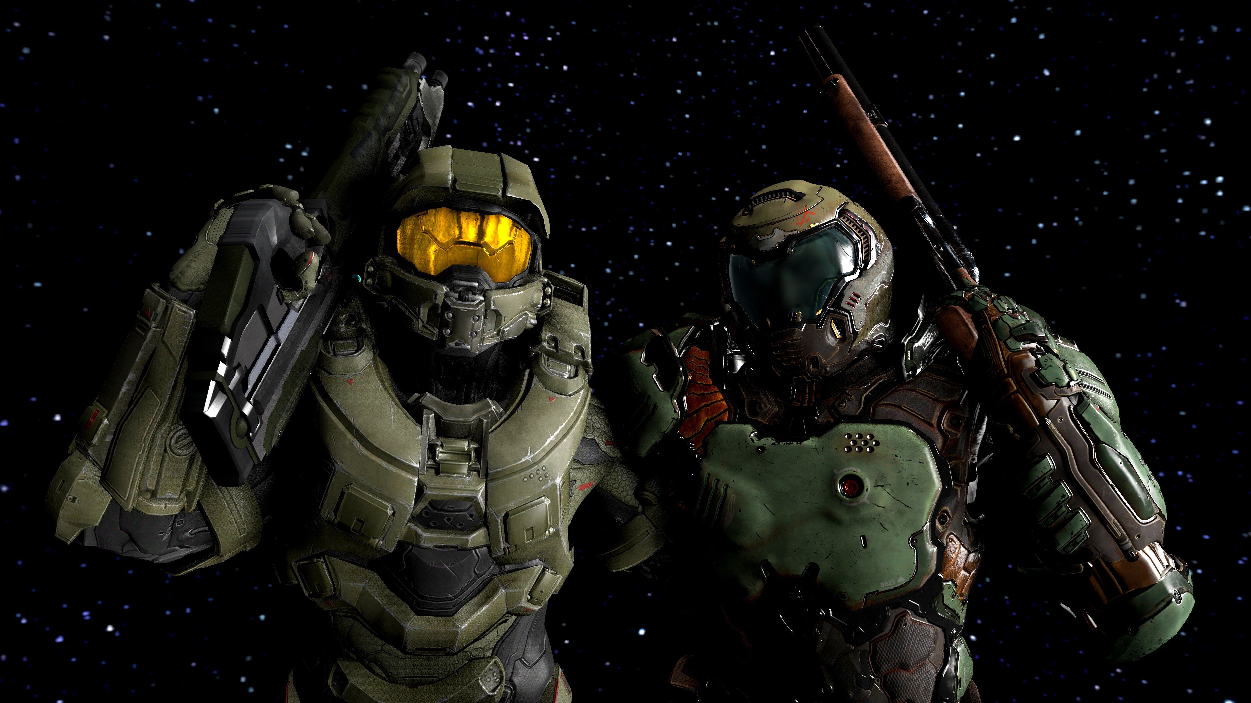 Master Chief e Doom Slayer spazio, 5000x2812 4K, Desktop 4K