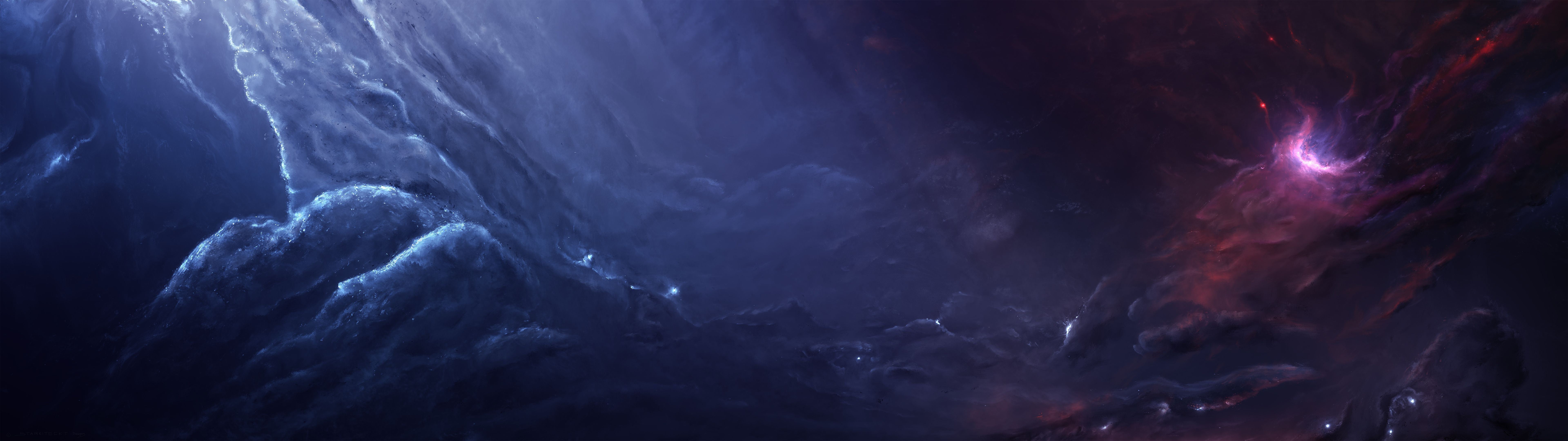 Paesaggio spaziale fantasy blu, 7680x2160 Ultrawide, Dual Monitor