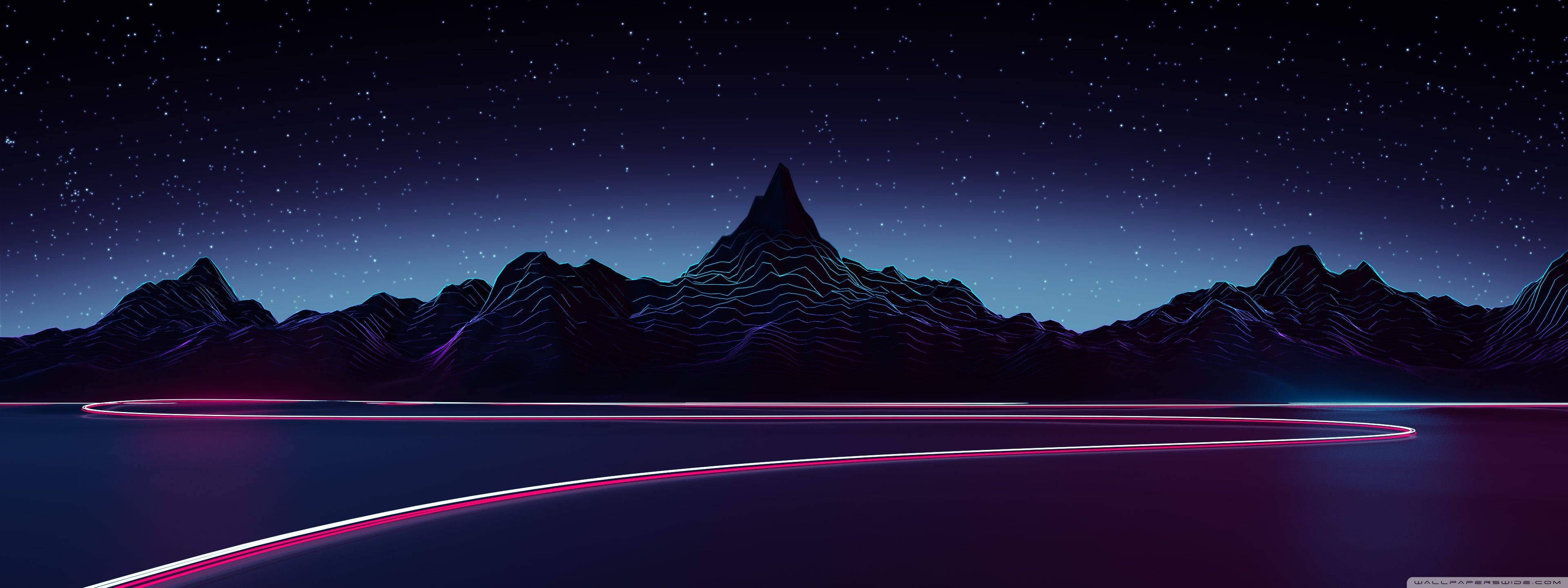 Montagne notturne con strada neon, 3840x1440 21:9, Ultrawide
