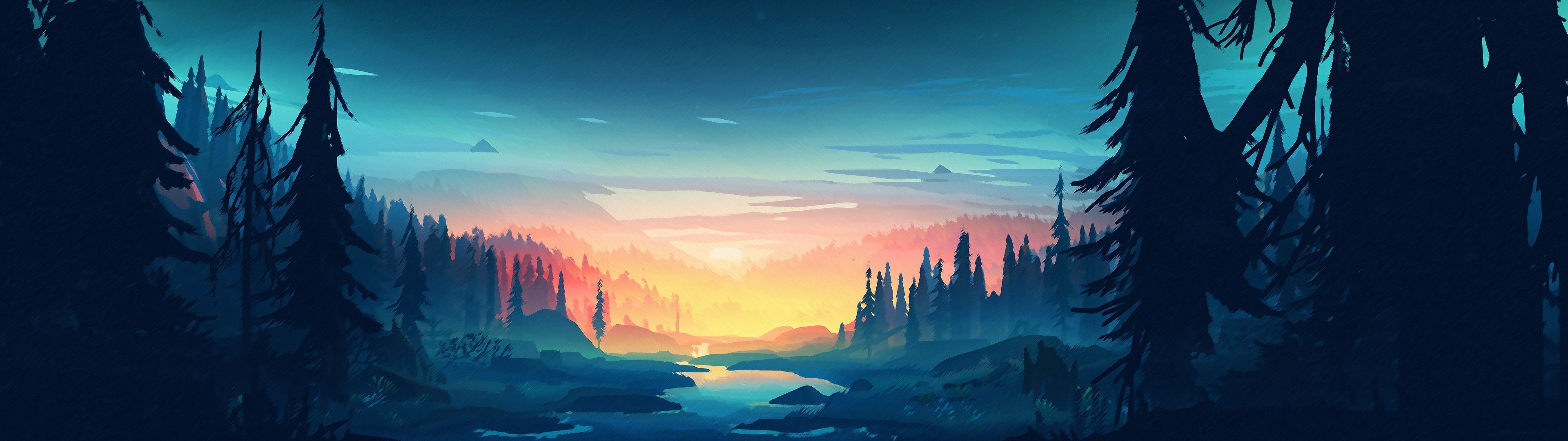 Foresta al tramonto, fiume, 3840x1080 Panoramico, Dual Screen