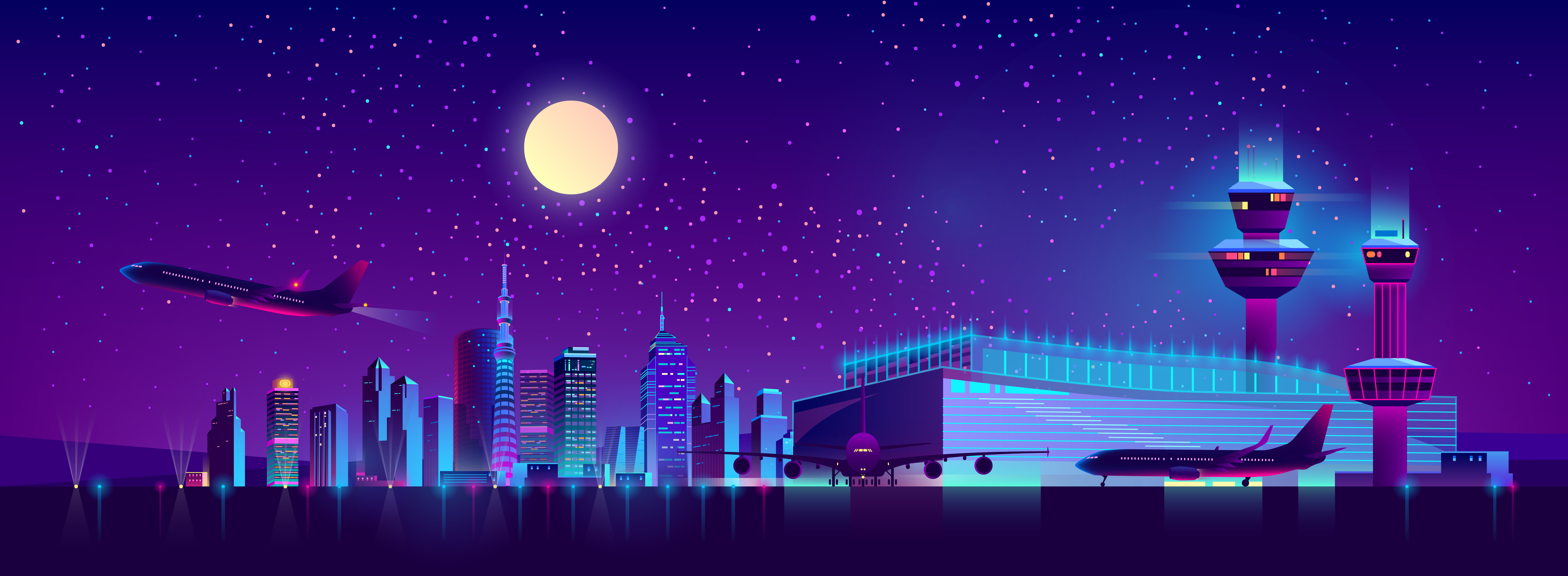 Aeroporto notturno città viola, 6800x2500 Ultrawide, Dual Monitor