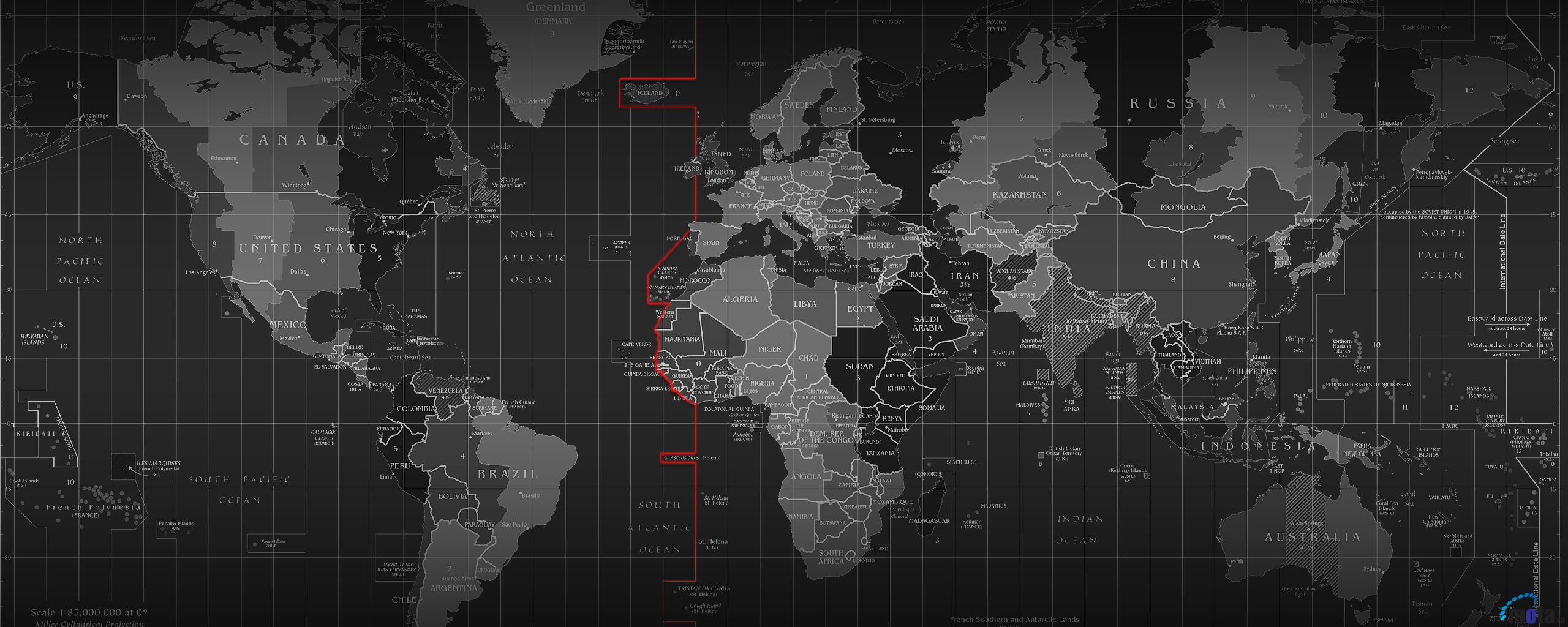 Mappa del mondo scura, 2560x1024 21:9, Ultrawide