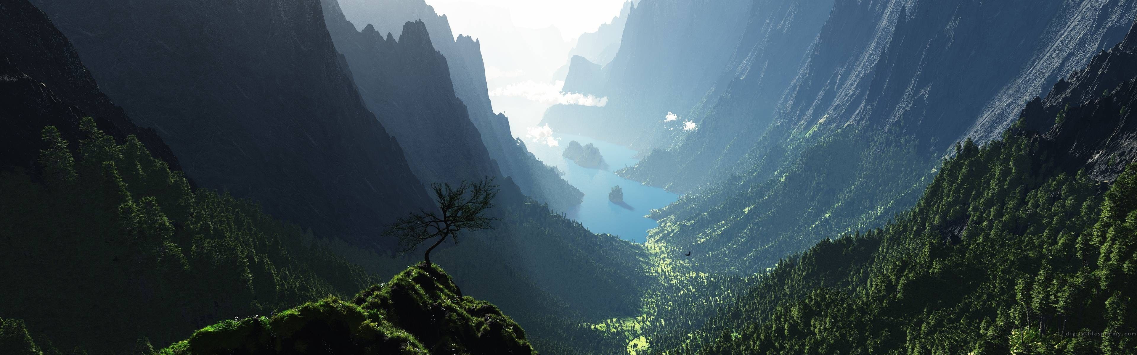 Valle montana con foresta, 3840x1200 Ultrawide, Dual Monitor