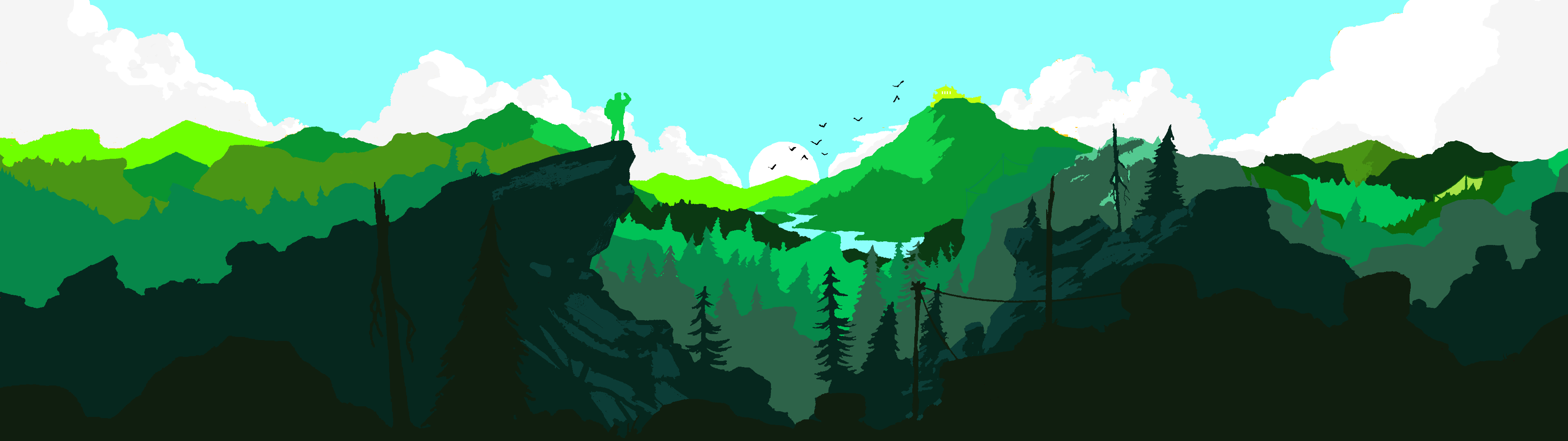 Paesaggio montano verde stilizzato, 3840x1080 Ultrawide, Dual Monitor