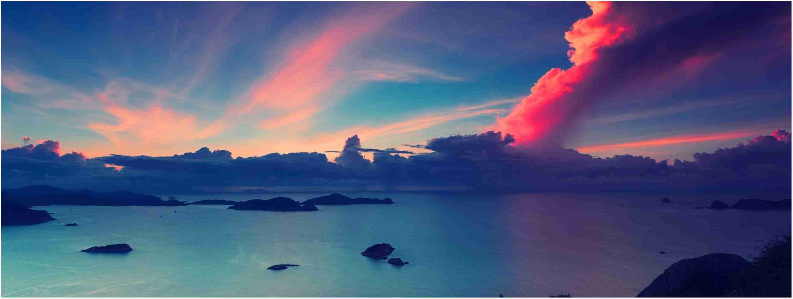 Tramonto panoramico su mare con isole, 3211x1211 Ultrawide, Dual Monitor