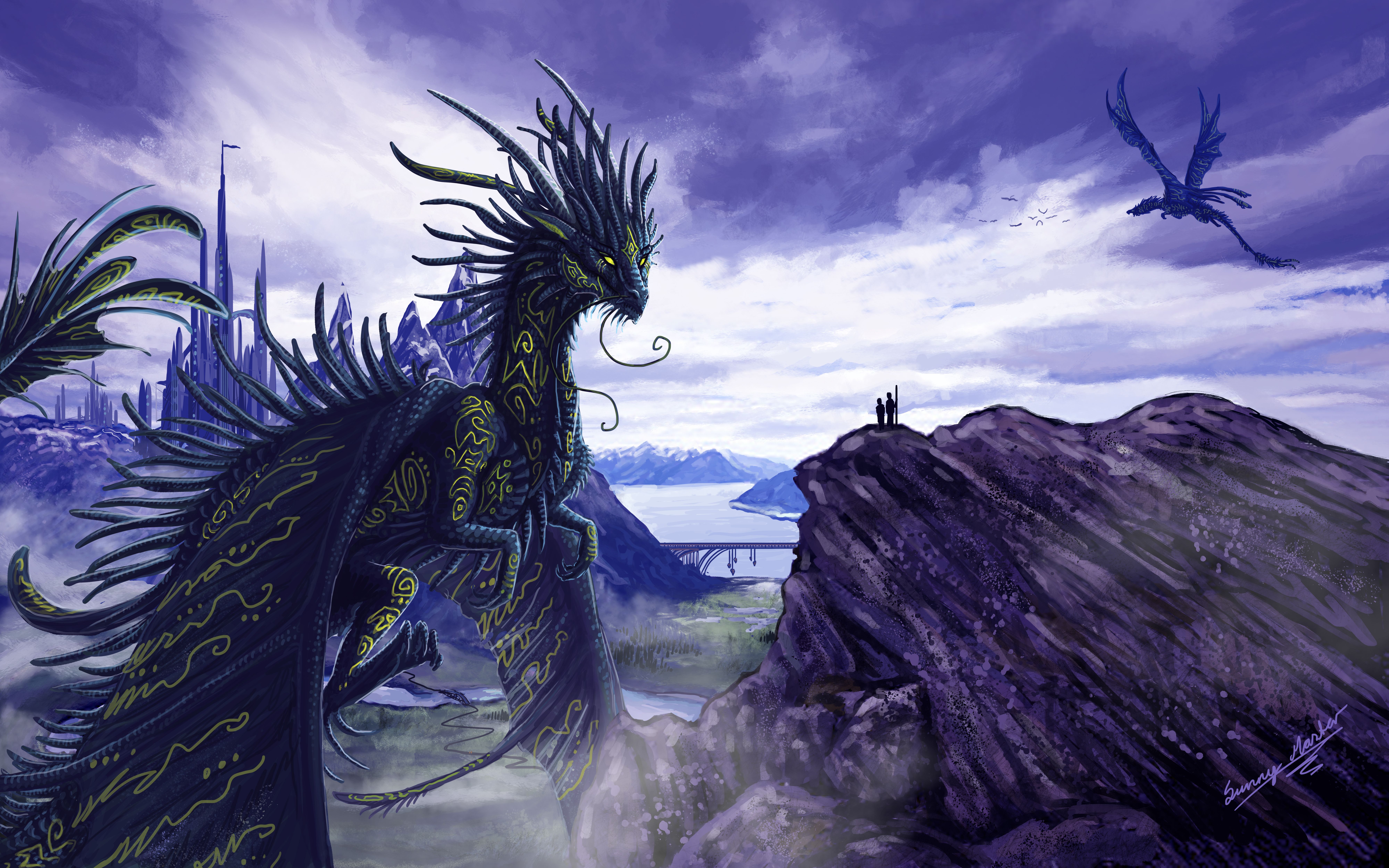 Drago nero fantasy paesaggio, 8000x5000 4K, Desktop 4K