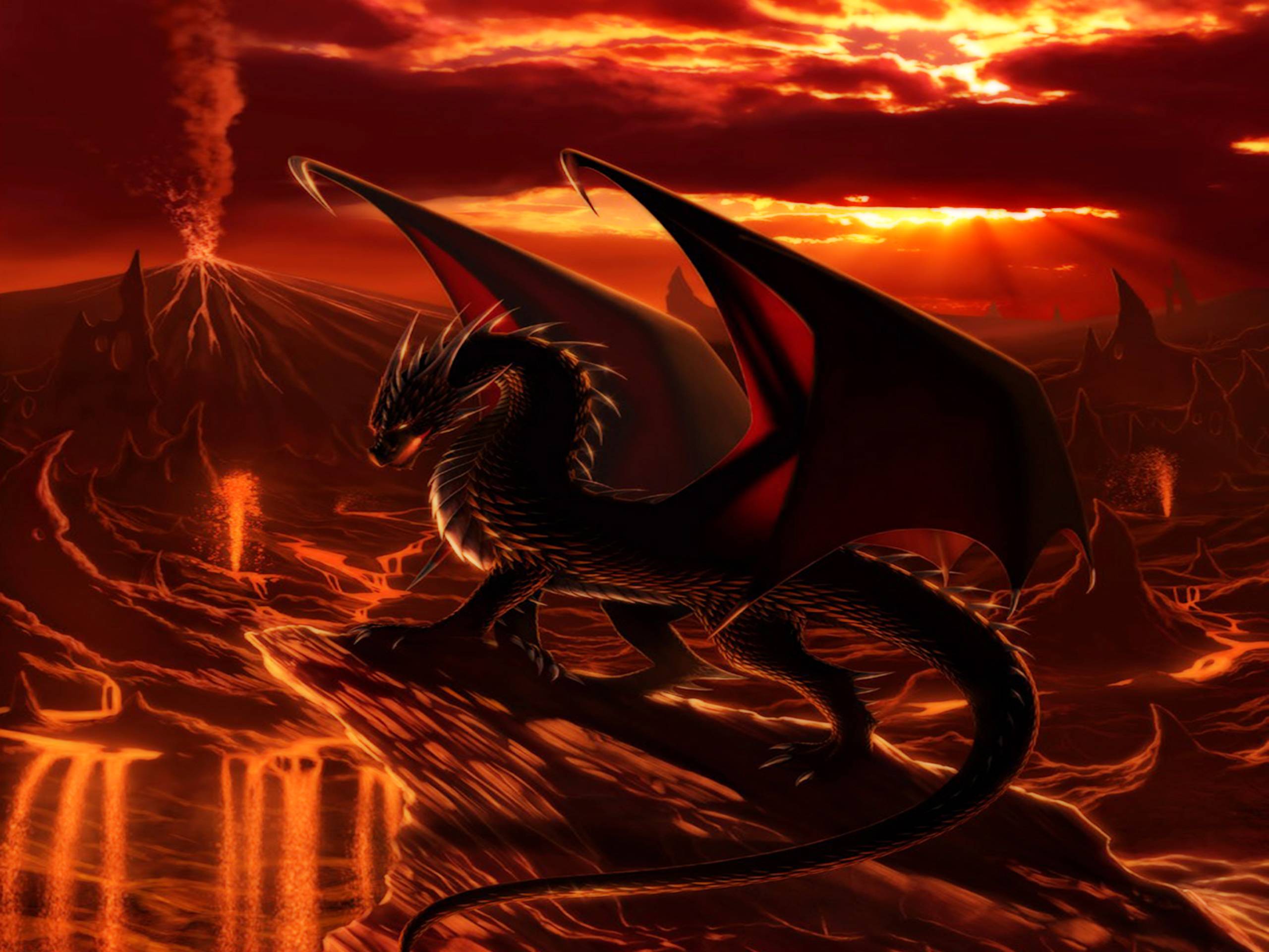 Drago nero su lava vulcanica, 2560x1920 2K, Monitor Gaming