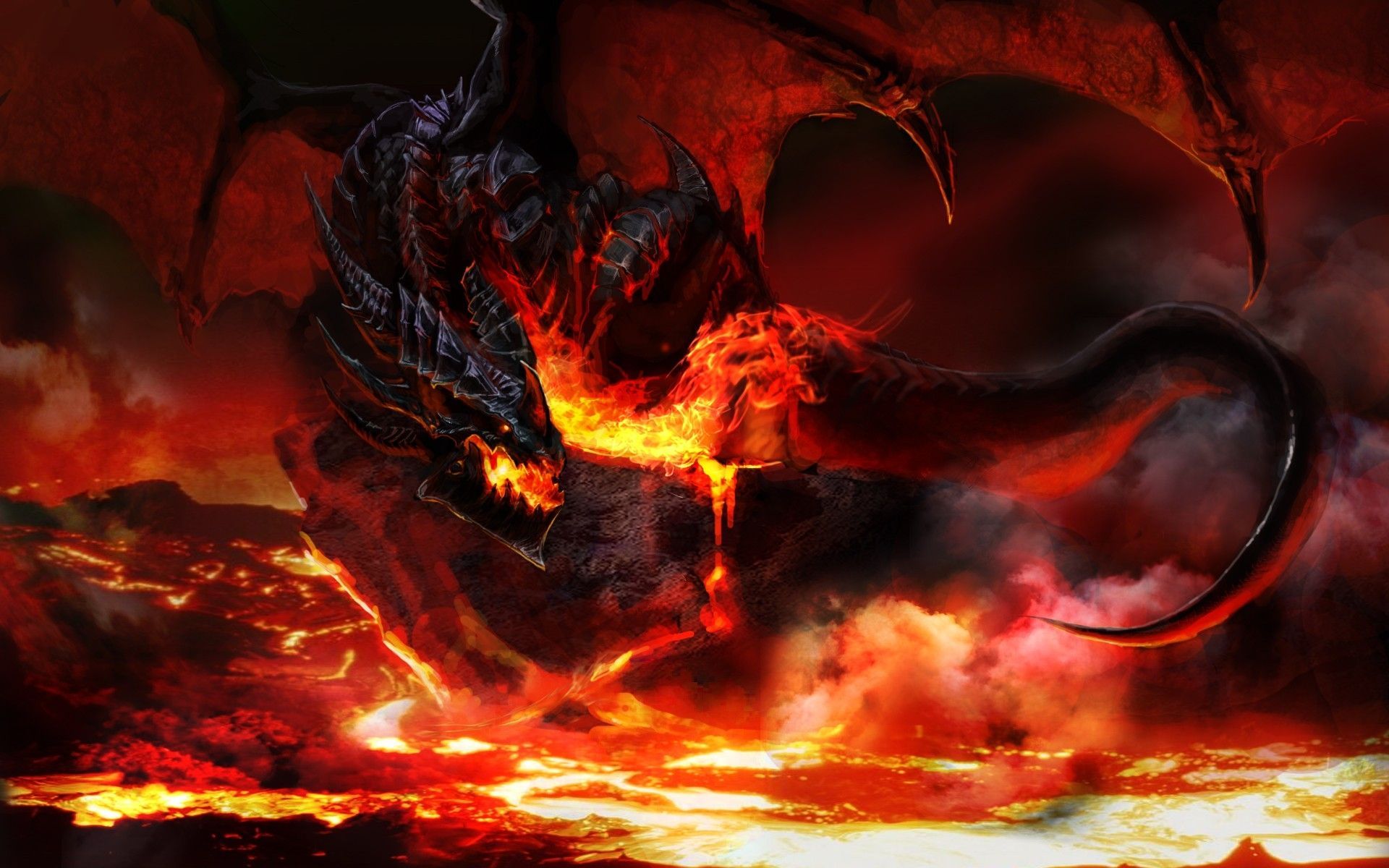 Drago nero tra fiamme e lava, 1920x1200 WUXGA, Desktop